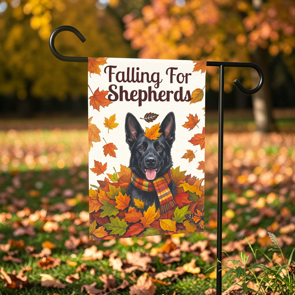 Falling For Shepherds Black German Shepherd Garden Flag - lifestyle display - Dragonfire Gardens