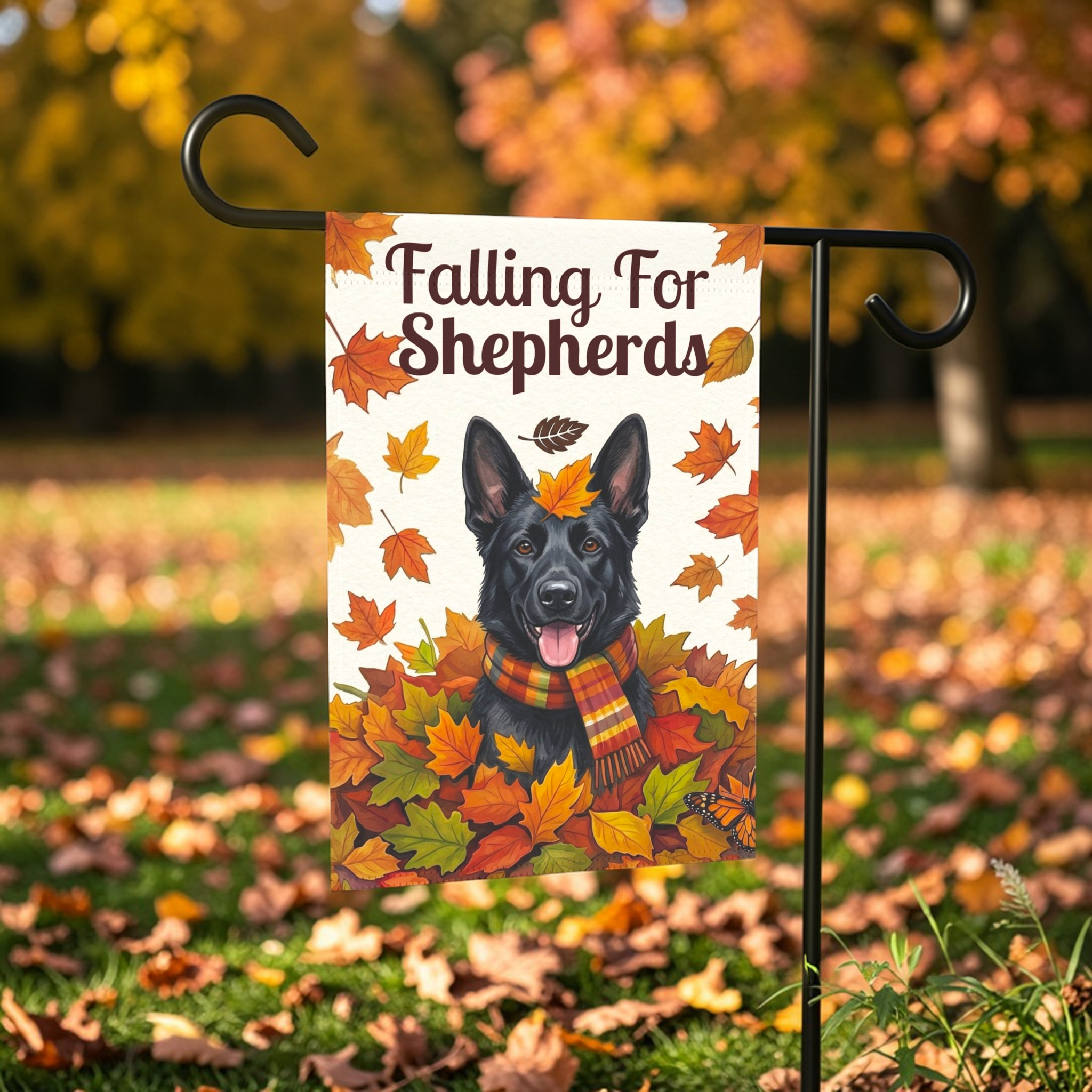Falling For Shepherds Black German Shepherd Garden Flag - lifestyle display - Dragonfire Gardens