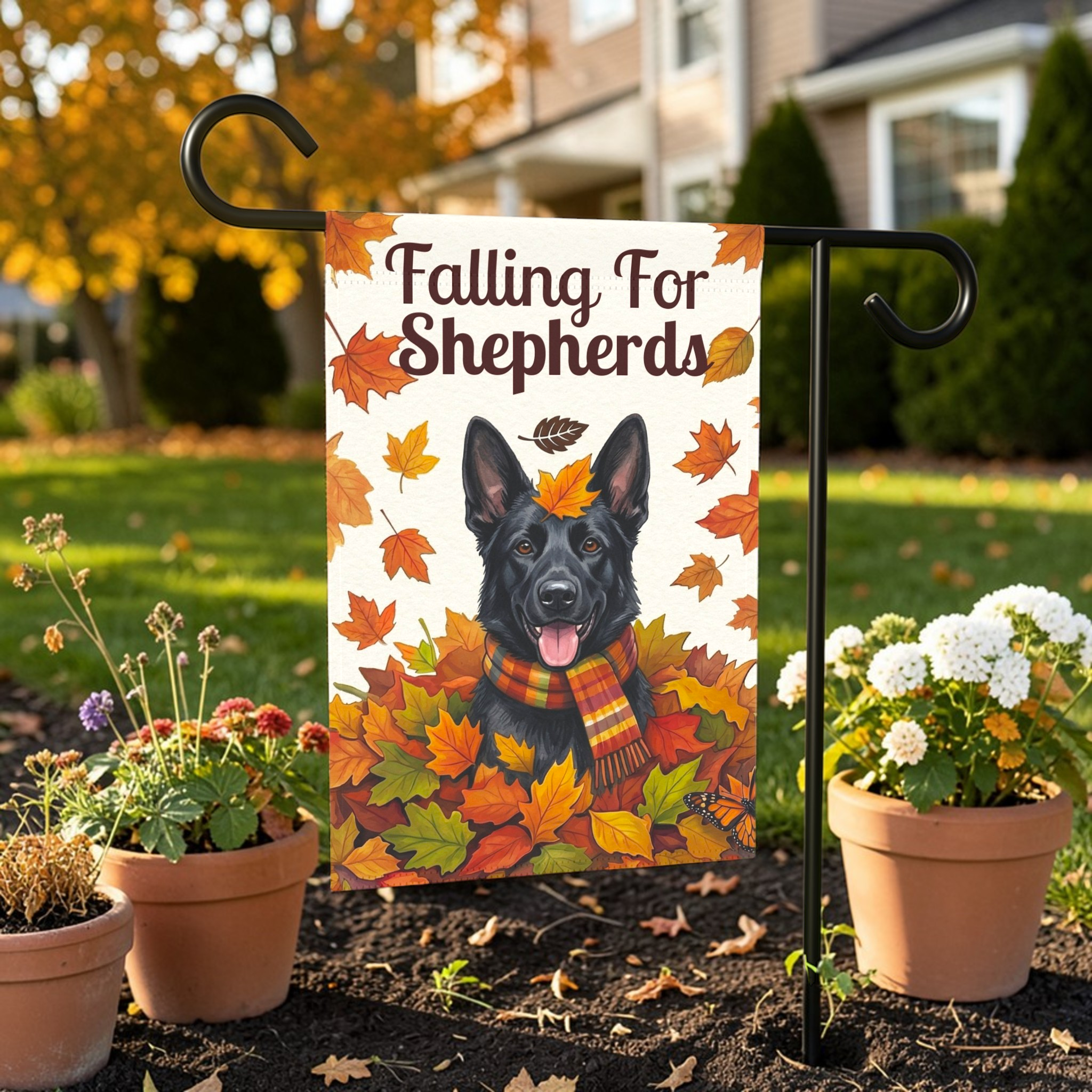 Falling For Shepherds Black German Shepherd Garden Flag - front view - Dragonfire Gardens