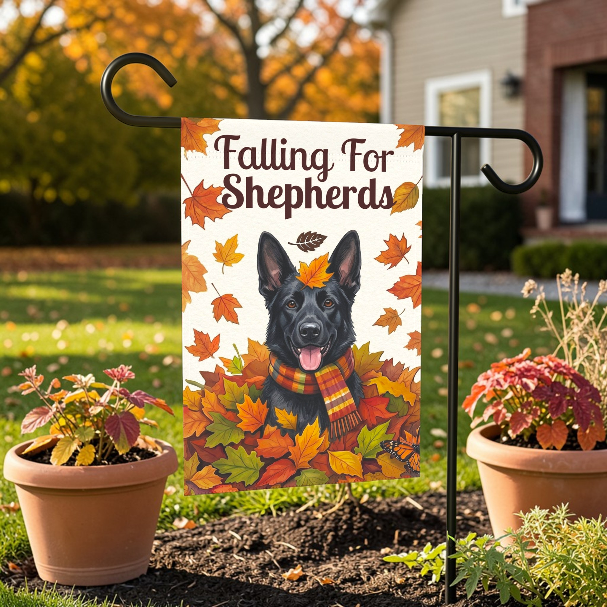 Falling For Shepherds Black German Shepherd Garden Flag - outdoor display - Dragonfire Gardens