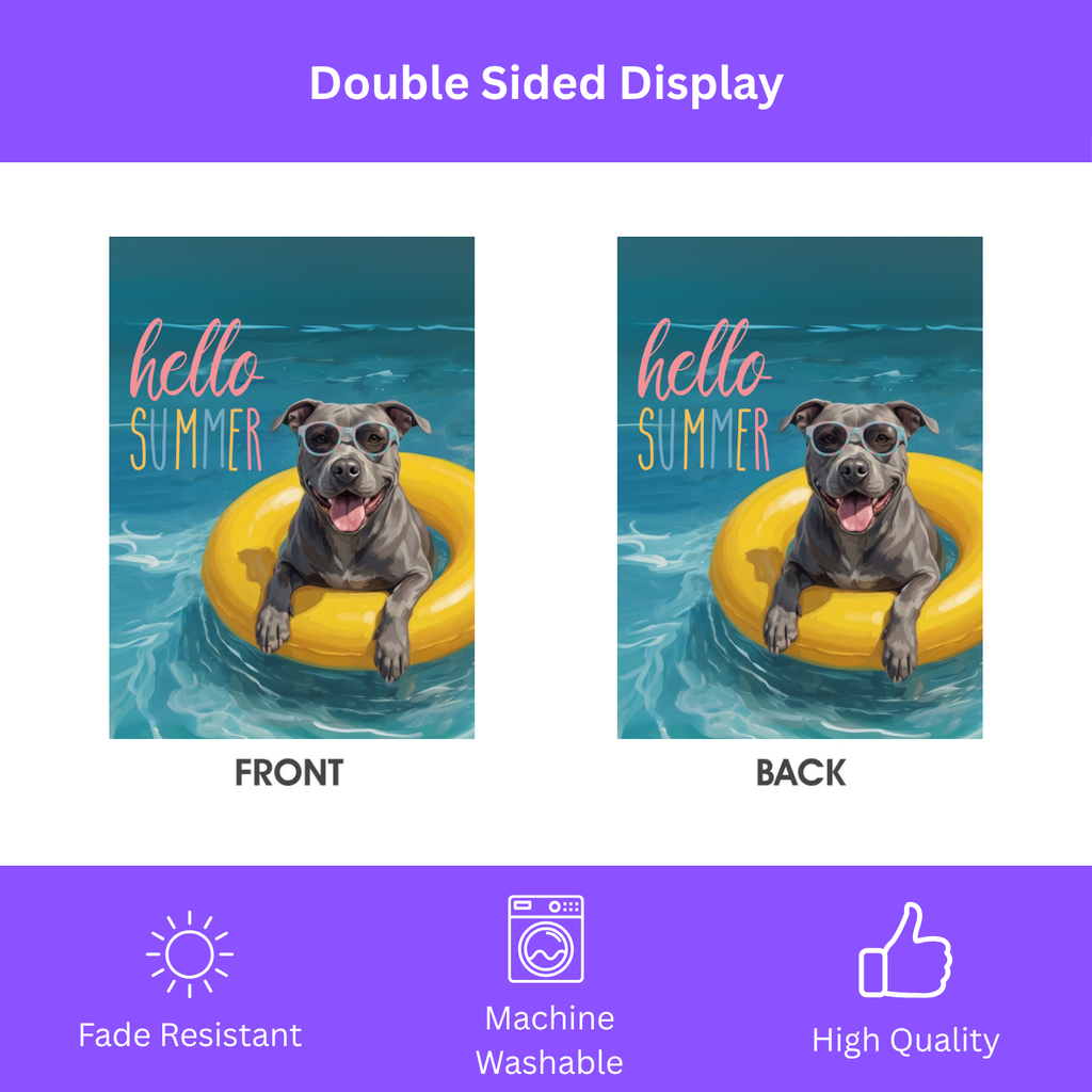Hello Summer Gray American Pitbull Garden Flag - porch decor - Dragonfire Gardens