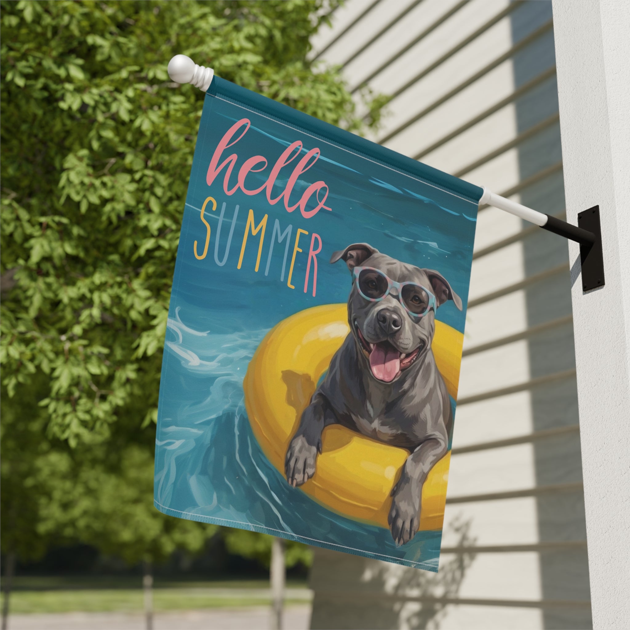 Hello Summer Gray American Pitbull Garden Flag - yard display - Dragonfire Gardens