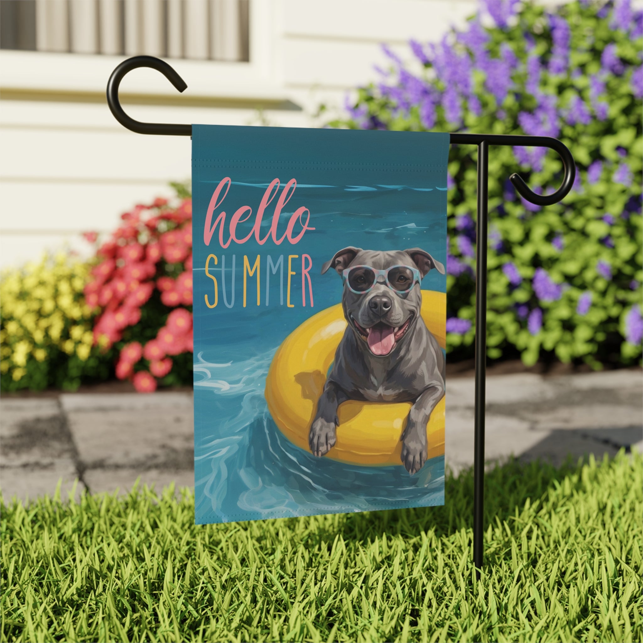 Hello Summer Gray American Pitbull Garden Flag - close-up detail - Dragonfire Gardens