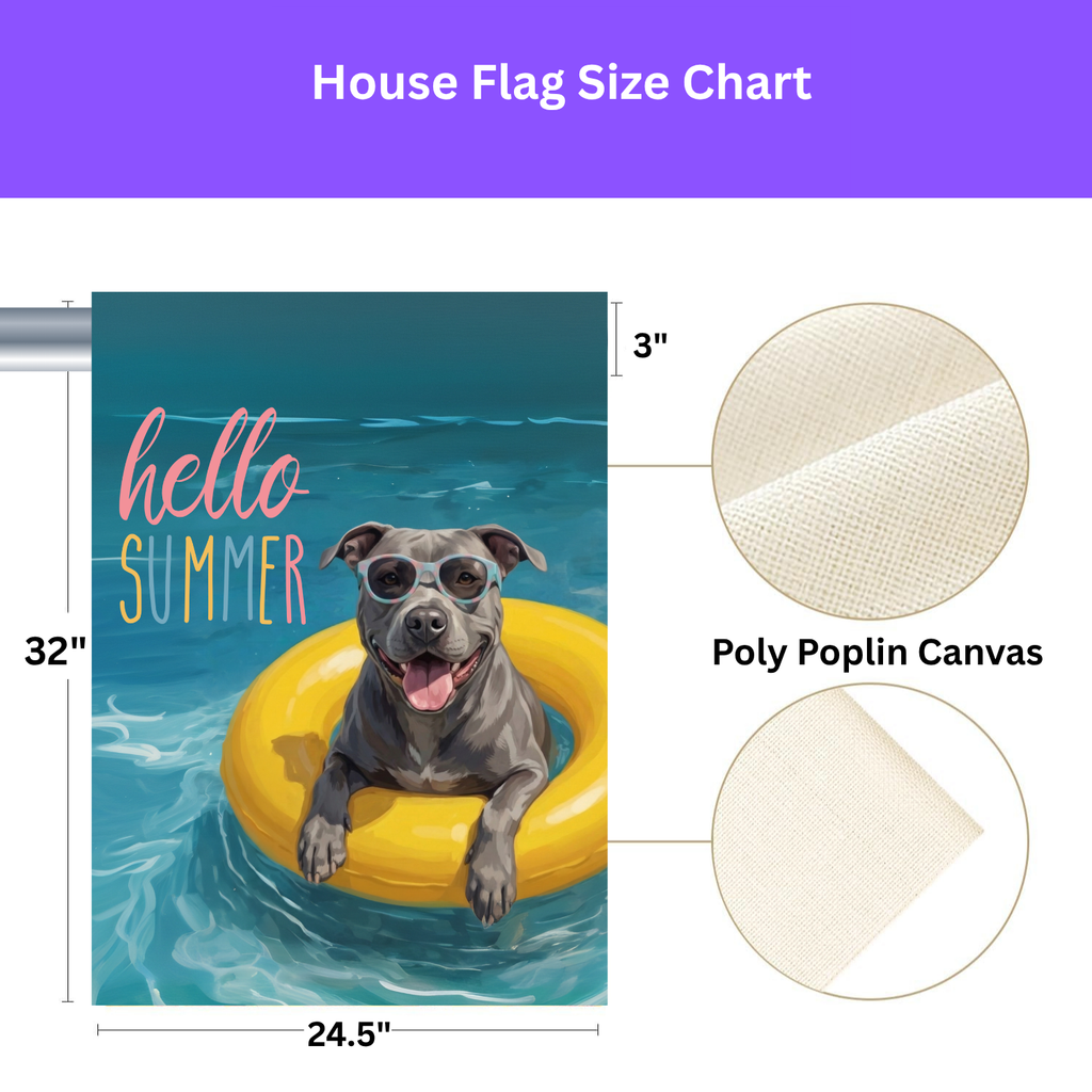 Hello Summer Gray American Pitbull Garden Flag - lifestyle display - Dragonfire Gardens