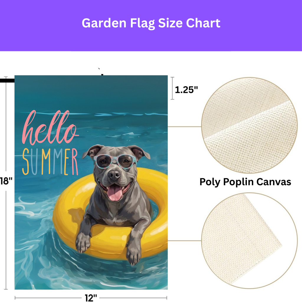 Hello Summer Gray American Pitbull Garden Flag - double-sided design - Dragonfire Gardens