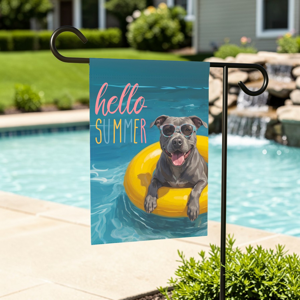 Hello Summer Gray American Pitbull Garden Flag - front view - Dragonfire Gardens
