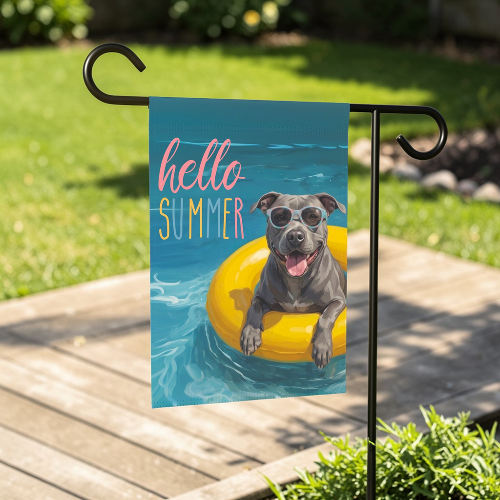 Hello Summer Gray American Pitbull Garden Flag - outdoor display - Dragonfire Gardens