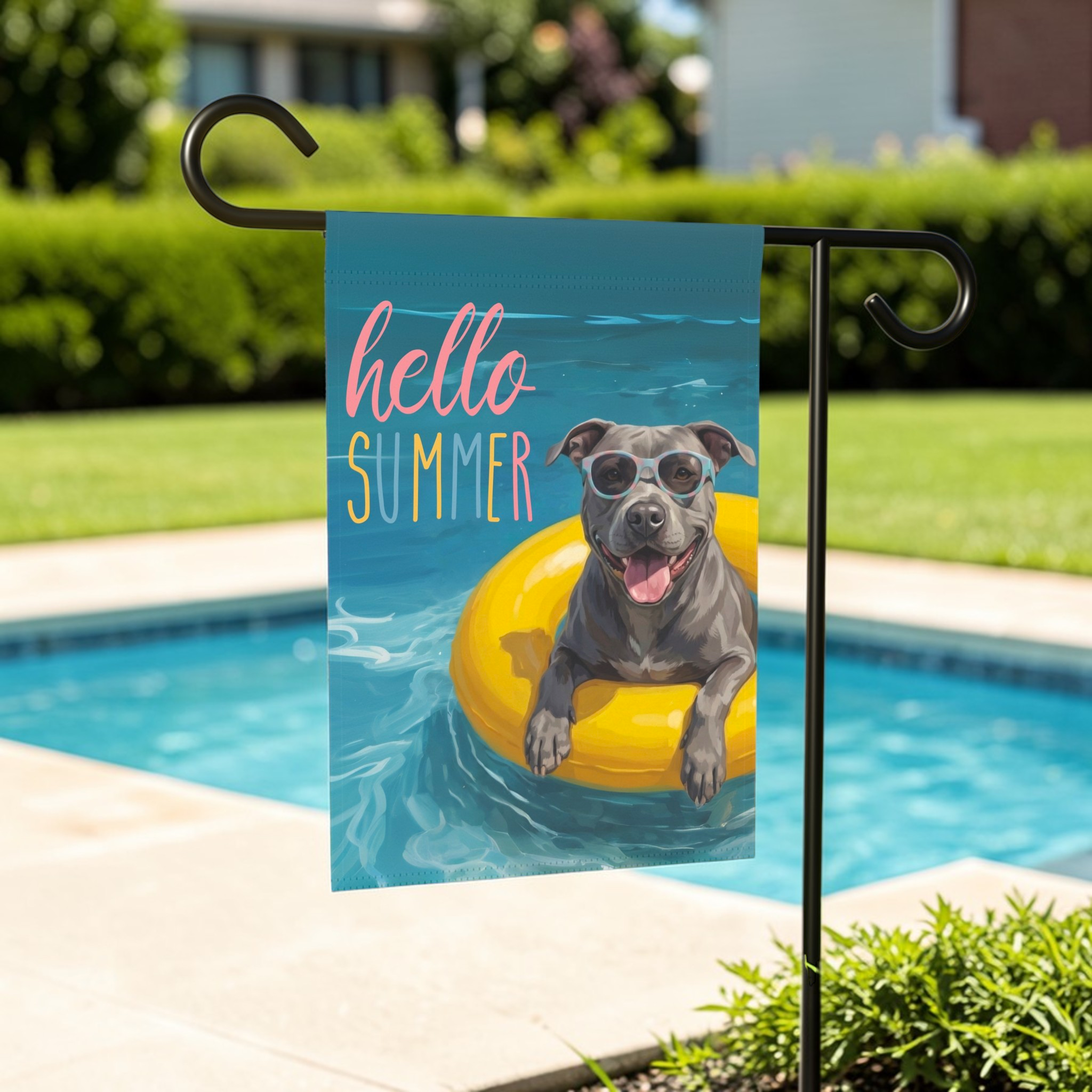 Hello Summer Gray American Pitbull Garden Flag - size comparison - Dragonfire Gardens