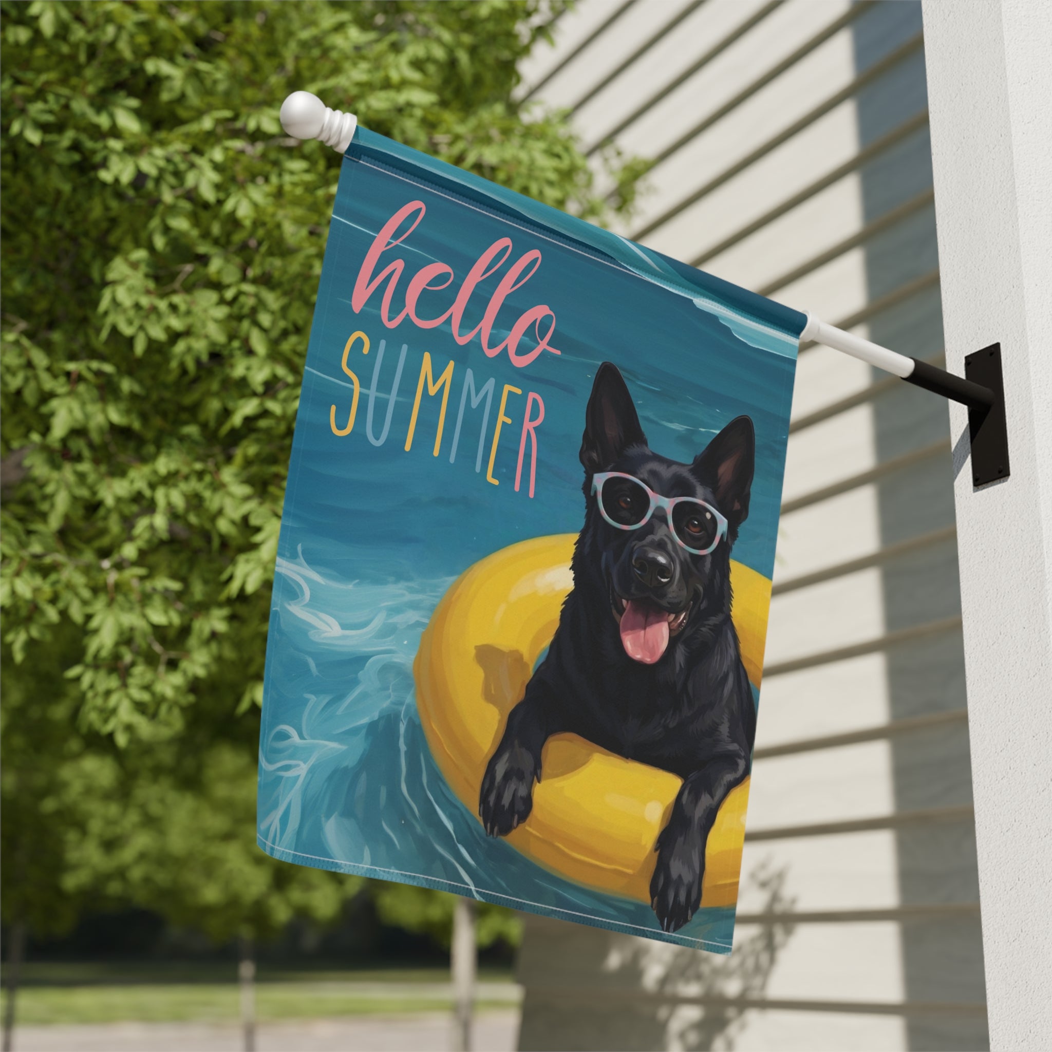 Hello Summer Black German Shepherd Garden Flag - yard display - Dragonfire Gardens