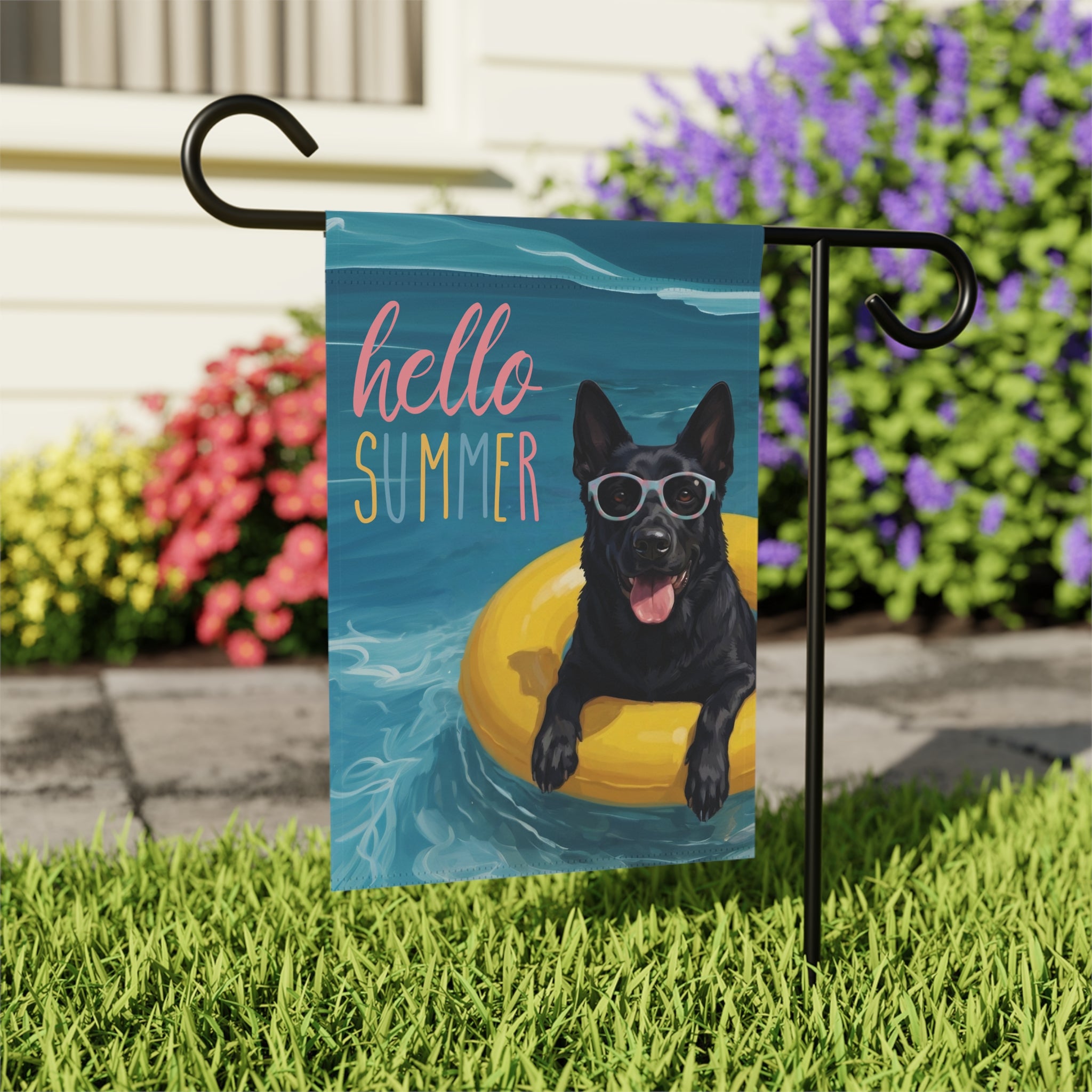 Hello Summer Black German Shepherd Garden Flag - close-up detail - Dragonfire Gardens