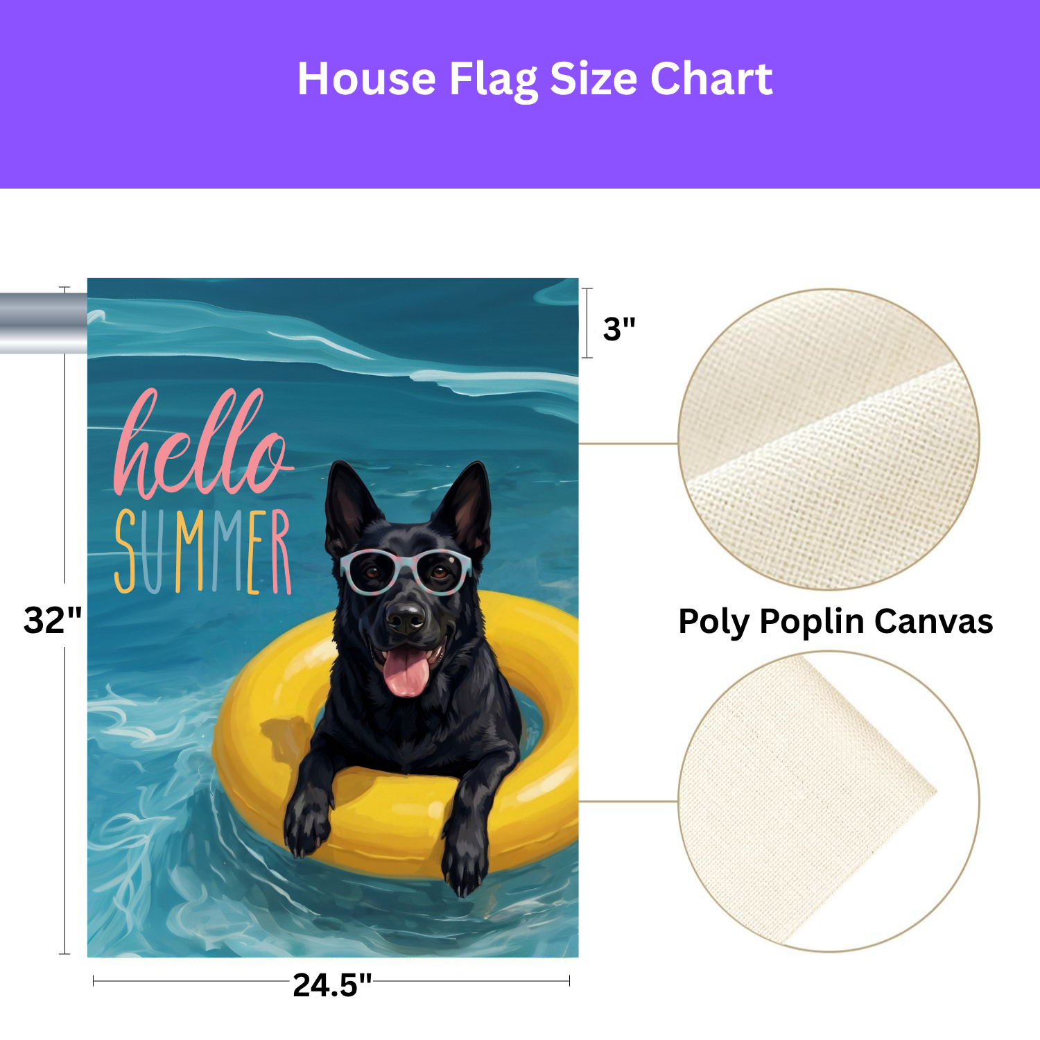 Hello Summer Black German Shepherd Garden Flag - size comparison - Dragonfire Gardens