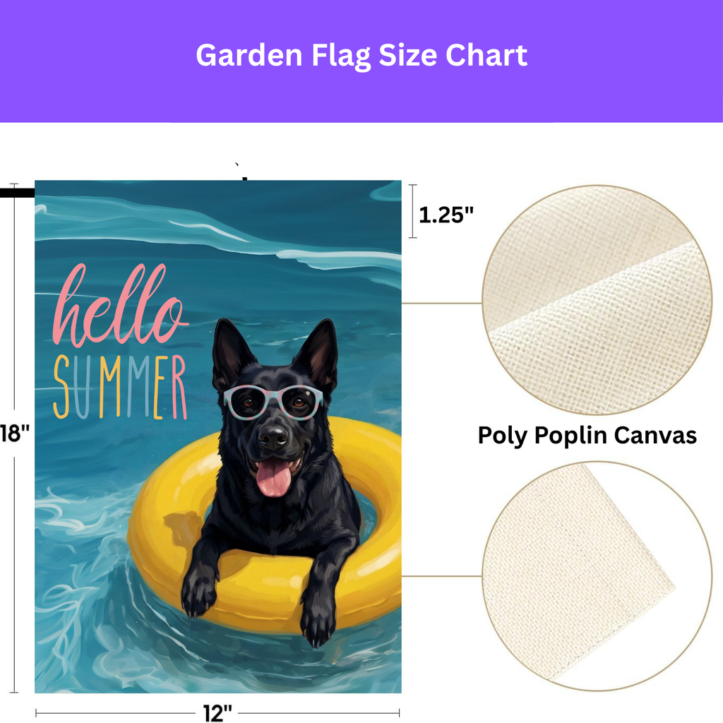 Hello Summer Black German Shepherd Garden Flag - double-sided design - Dragonfire Gardens