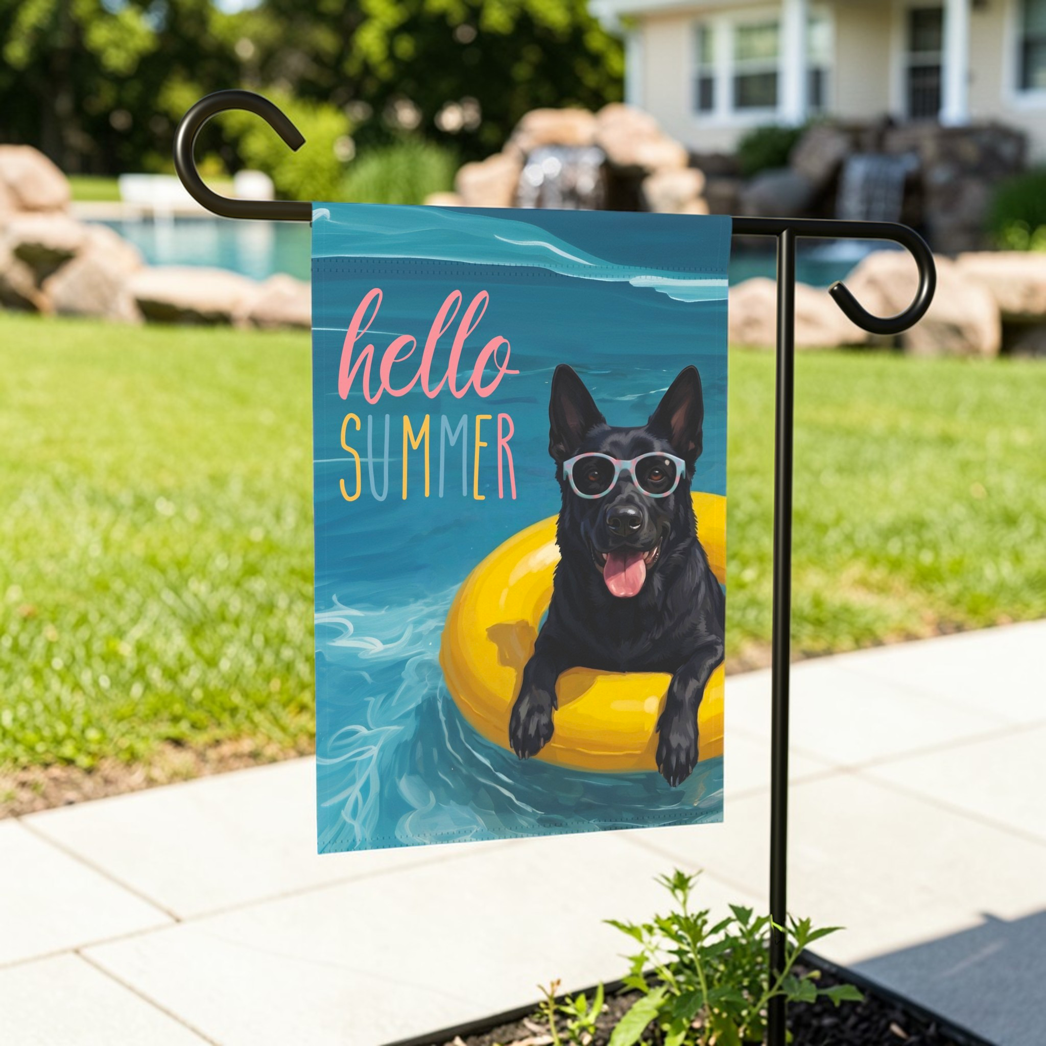 Hello Summer Black German Shepherd Garden Flag - lifestyle display - Dragonfire Gardens