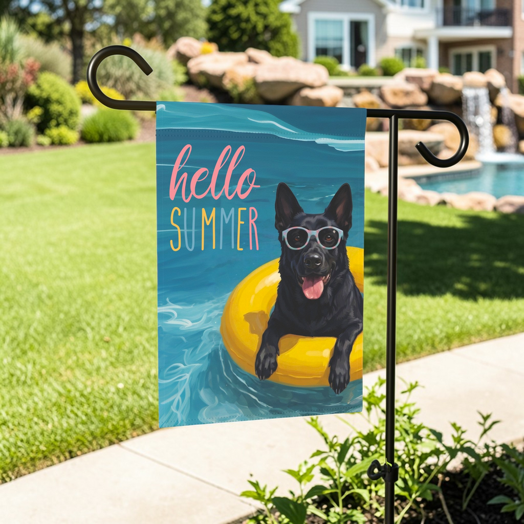 Hello Summer Black German Shepherd Garden Flag - front view - Dragonfire Gardens