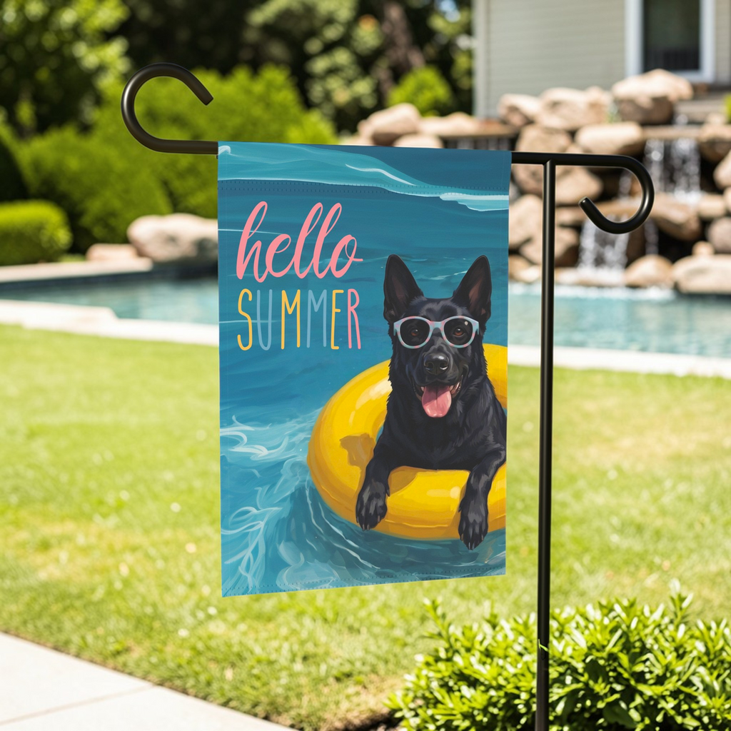 Hello Summer Black German Shepherd Garden Flag - outdoor display - Dragonfire Gardens