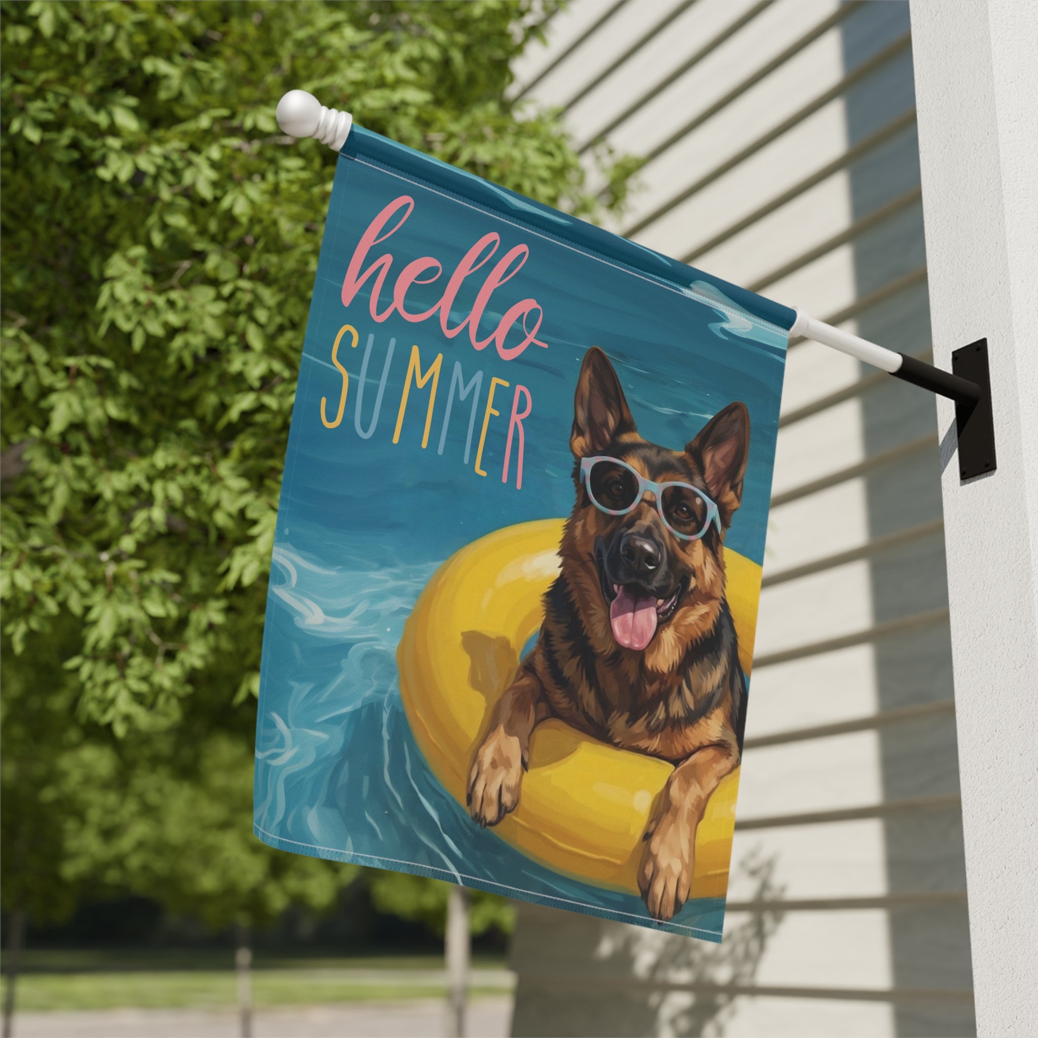 Hello Summer German Shepherd Garden Flag - yard display - Dragonfire Gardens