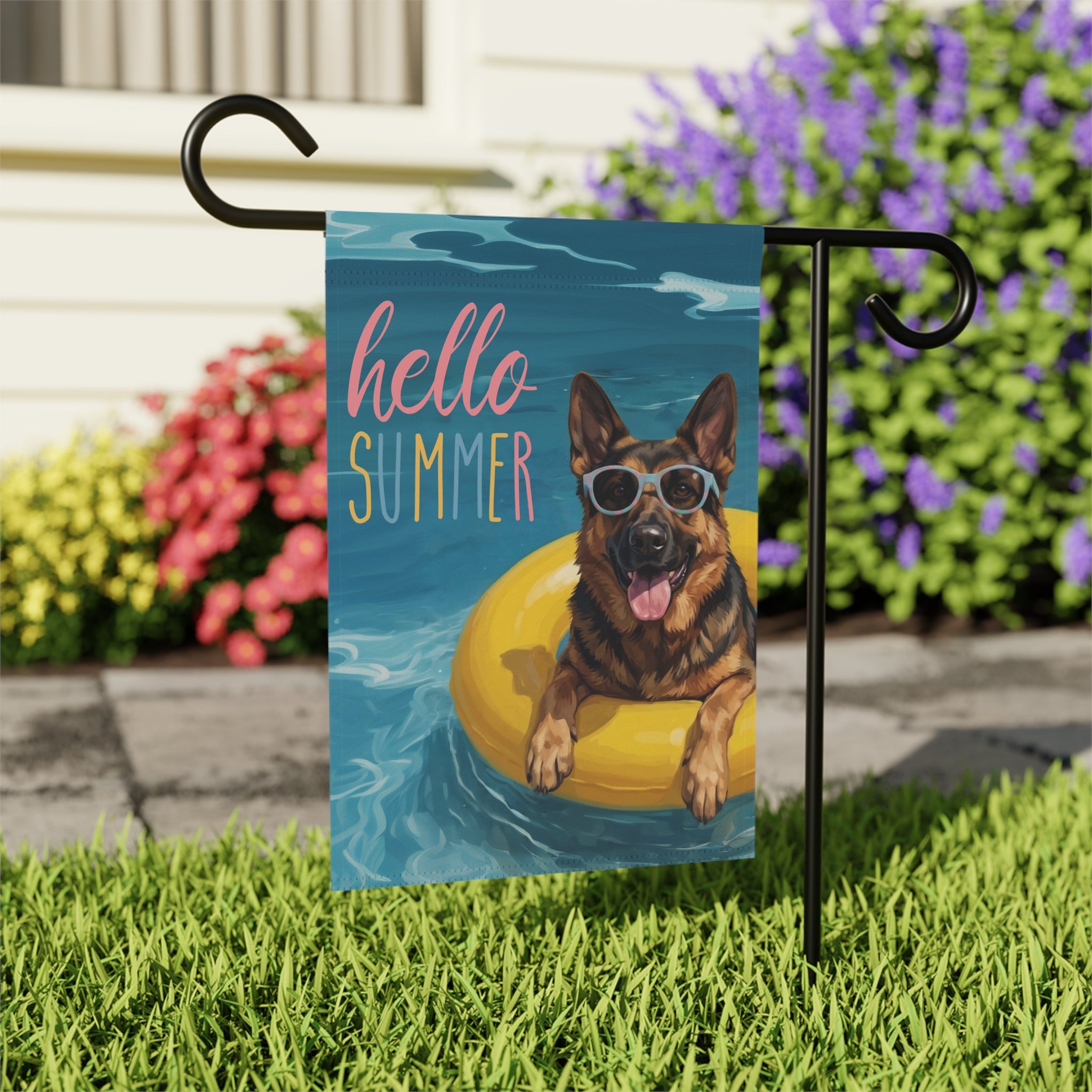 Hello Summer German Shepherd Garden Flag - close-up detail - Dragonfire Gardens
