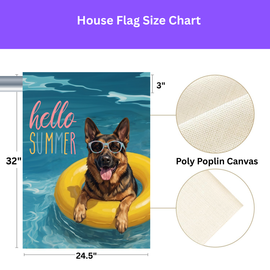 Hello Summer German Shepherd Garden Flag - size comparison - Dragonfire Gardens