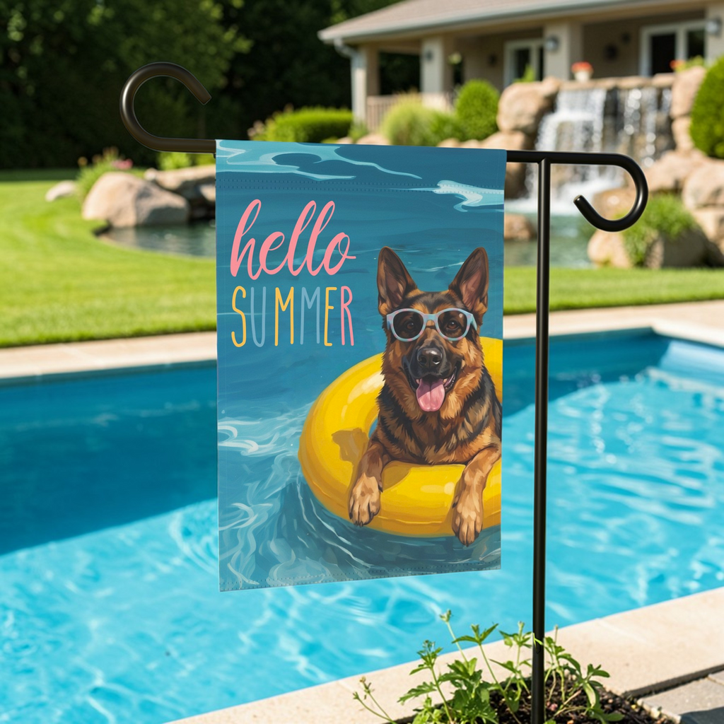 Hello Summer German Shepherd Garden Flag - lifestyle display - Dragonfire Gardens