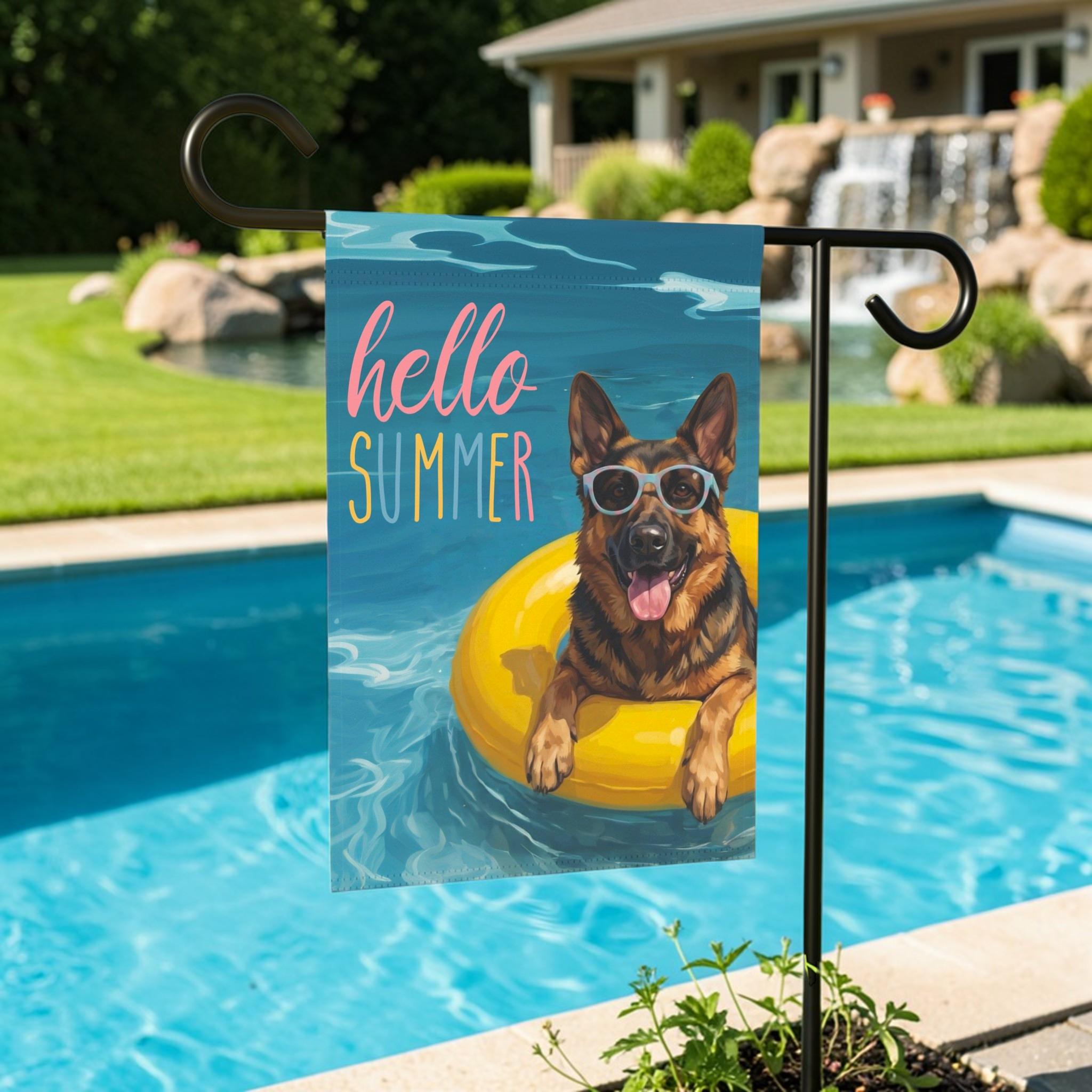 Hello Summer German Shepherd Garden Flag - lifestyle display - Dragonfire Gardens