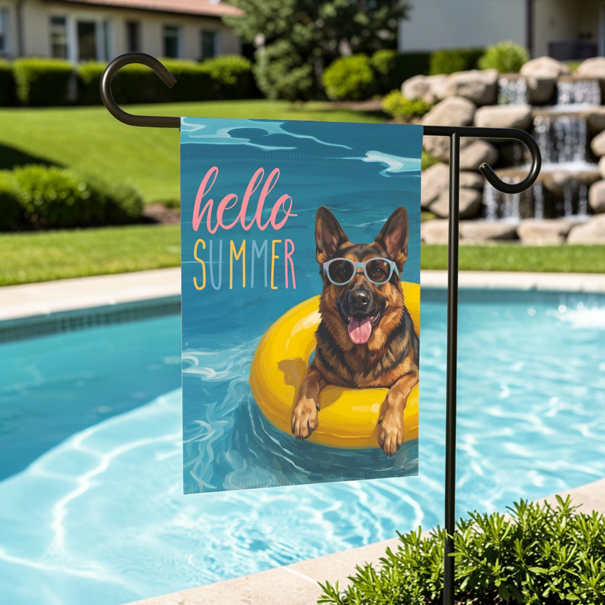 Hello Summer German Shepherd Garden Flag - outdoor display - Dragonfire Gardens