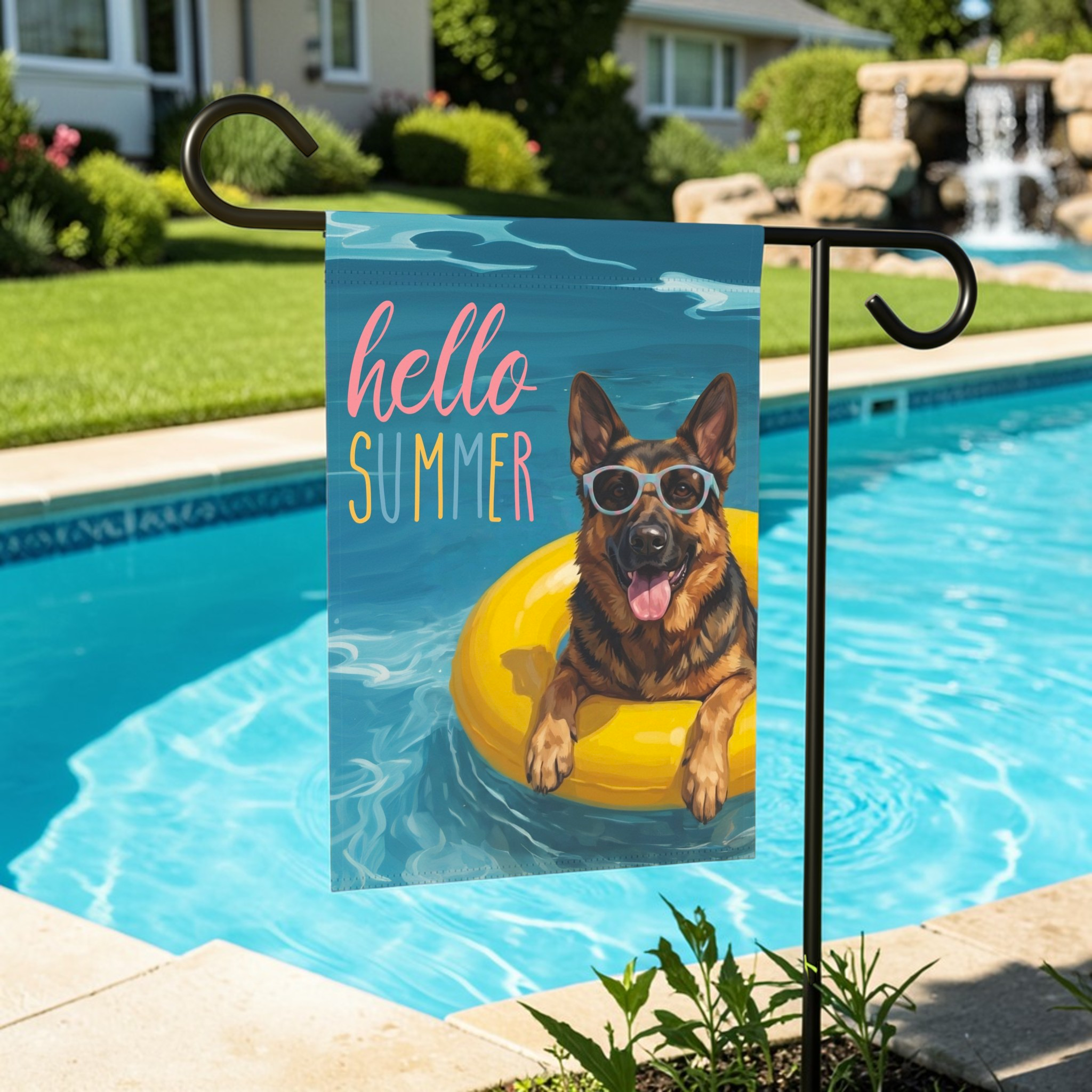 Hello Summer German Shepherd Garden Flag - front view - Dragonfire Gardens