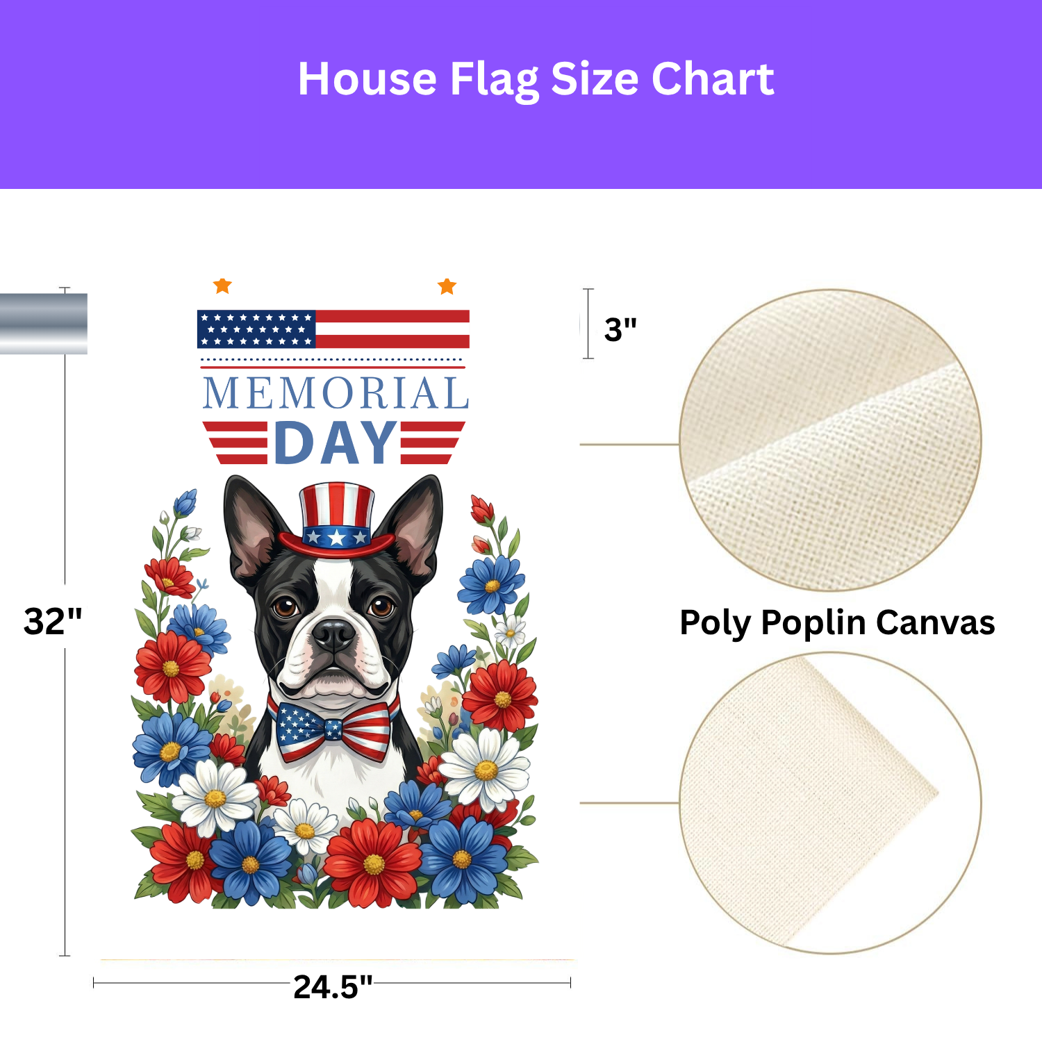 Memorial Black and White Boston Terrier Garden Flag - size comparison - Dragonfire Gardens