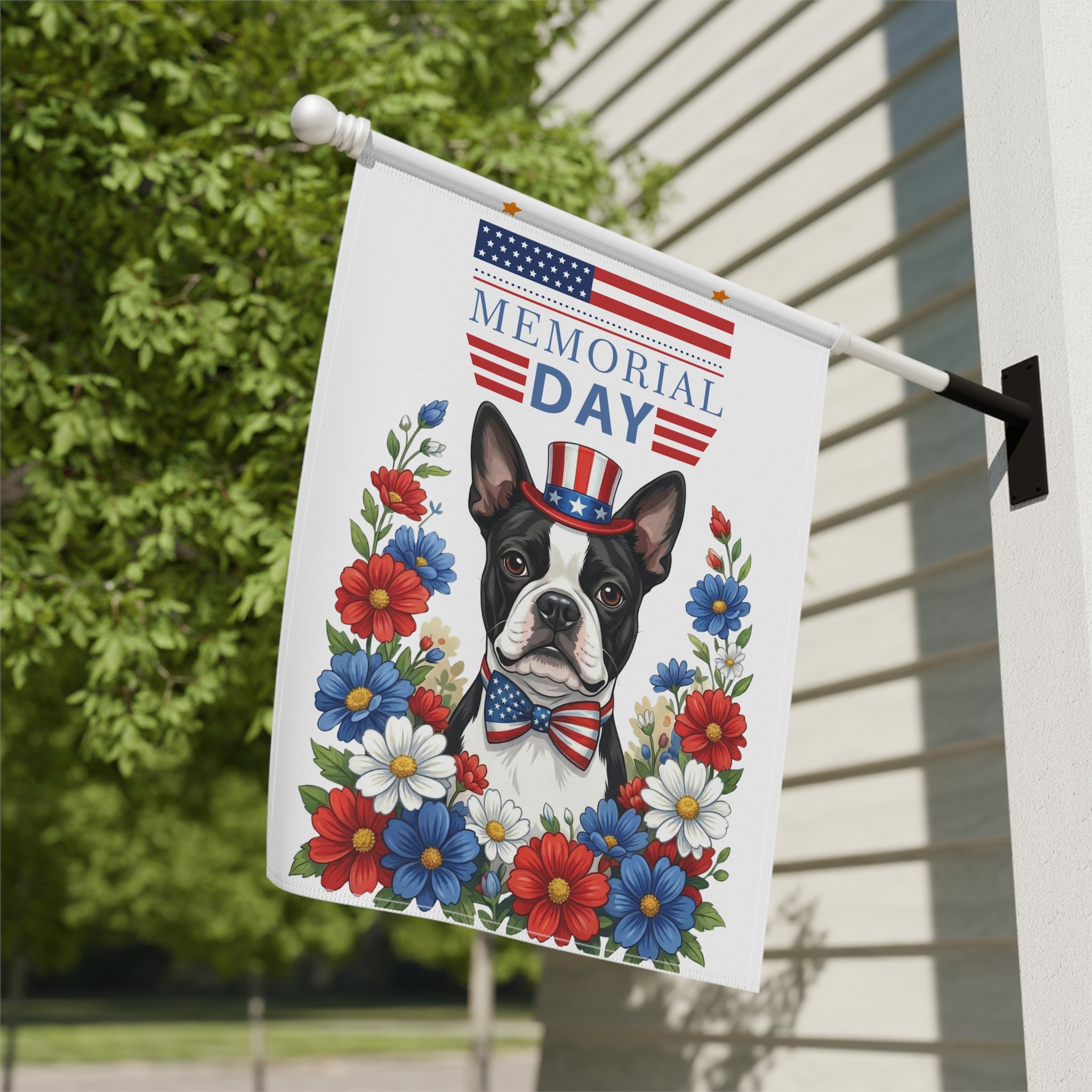 Memorial Black and White Boston Terrier Garden Flag - yard display - Dragonfire Gardens