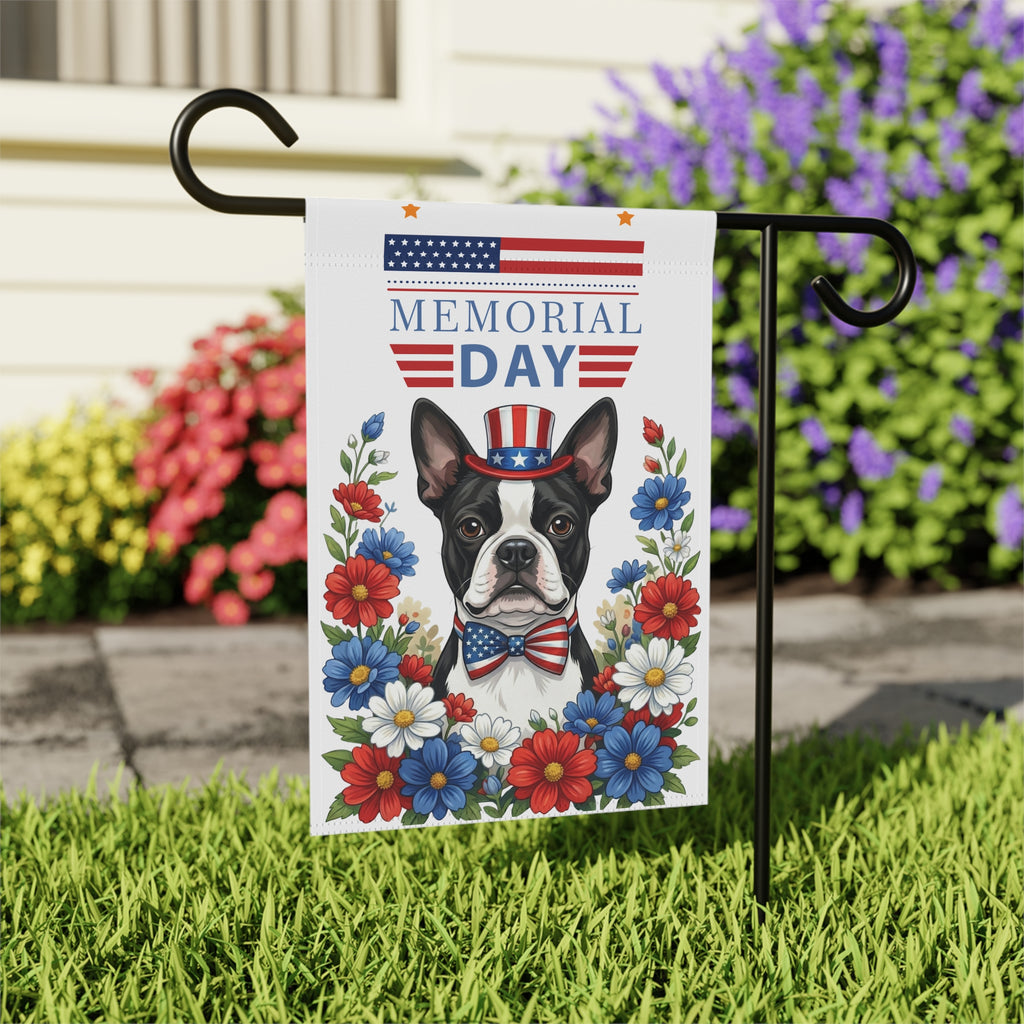 Memorial Black and White Boston Terrier Garden Flag - close-up detail - Dragonfire Gardens