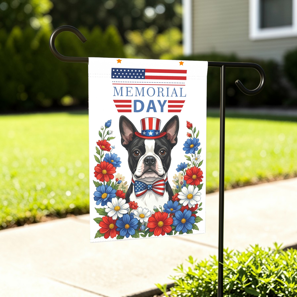 Memorial Black and White Boston Terrier Garden Flag - lifestyle display - Dragonfire Gardens