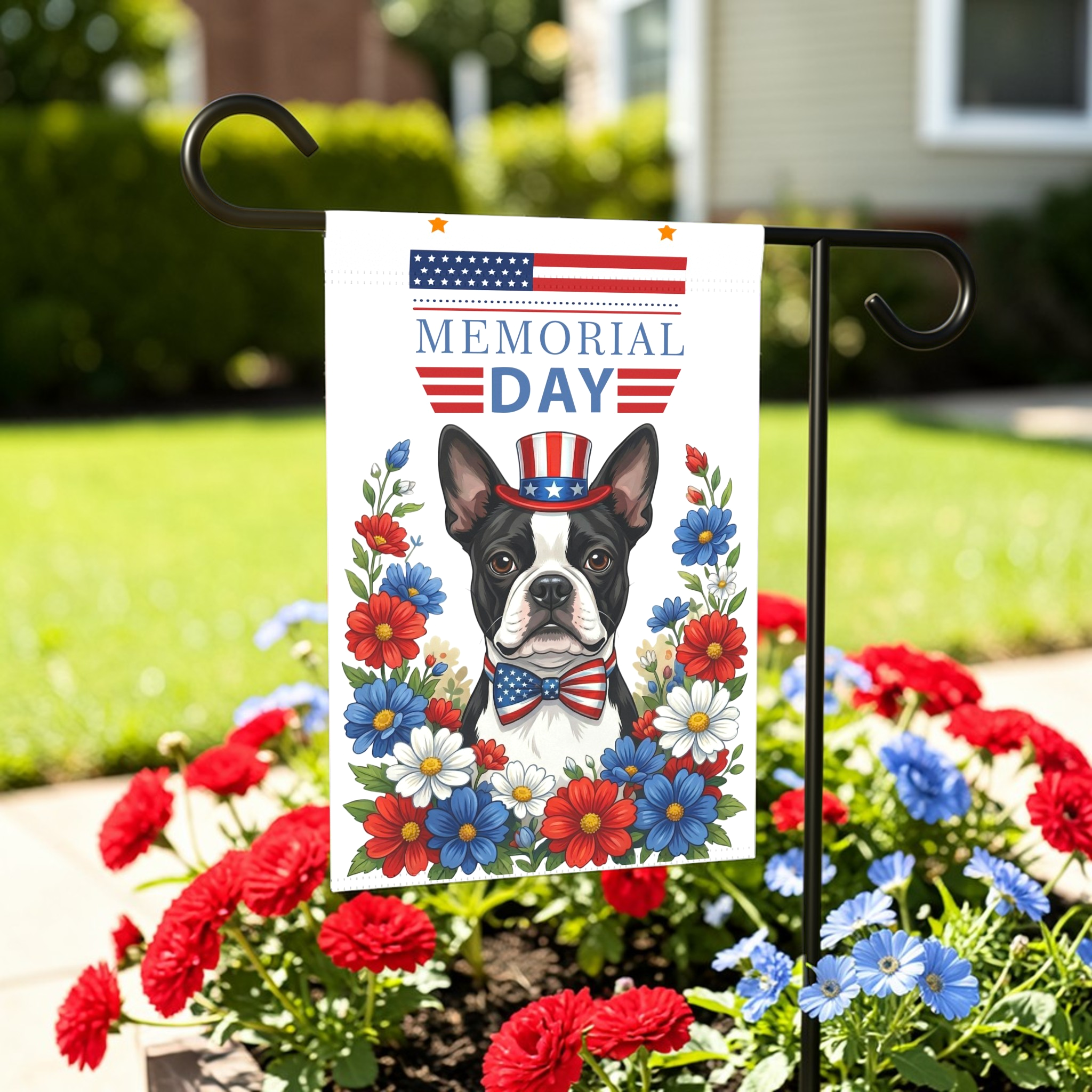 Memorial Black and White Boston Terrier Garden Flag - front view - Dragonfire Gardens