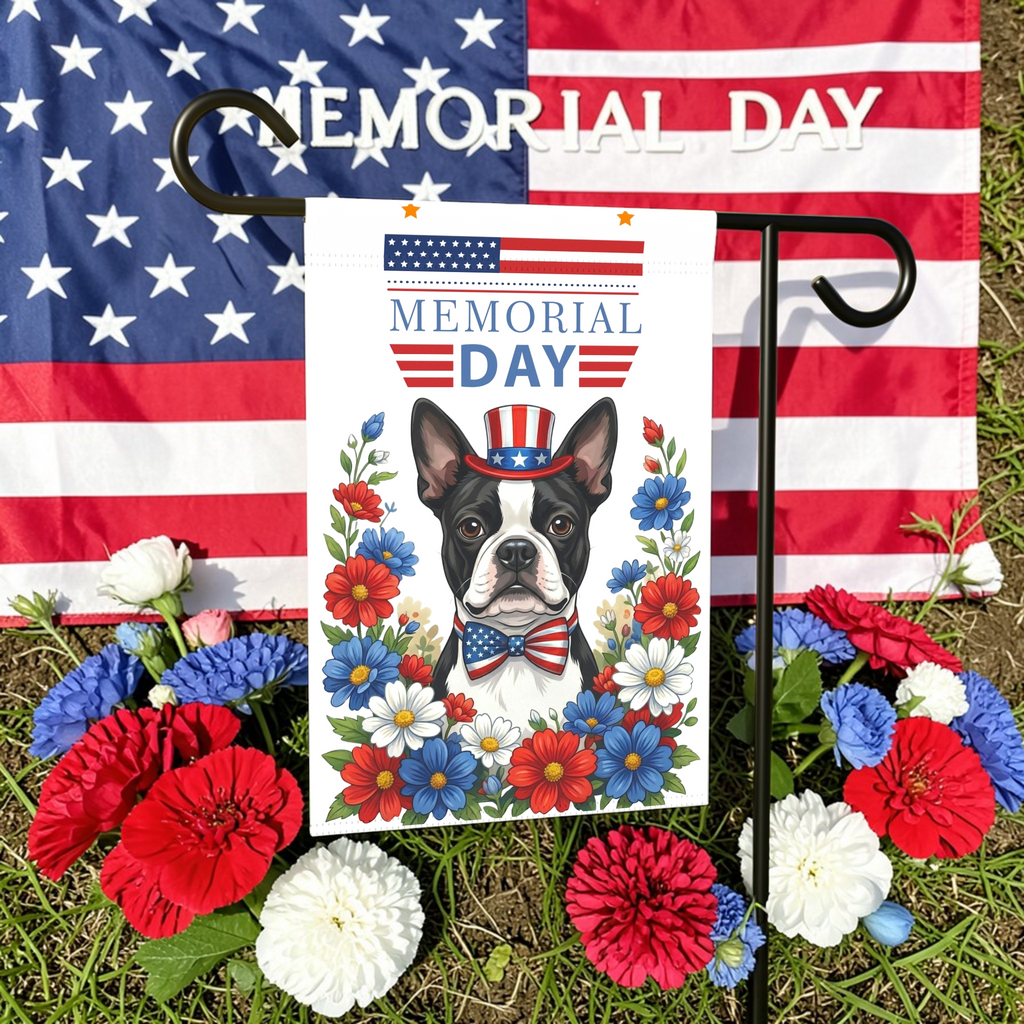Memorial Black and White Boston Terrier Garden Flag - outdoor display - Dragonfire Gardens