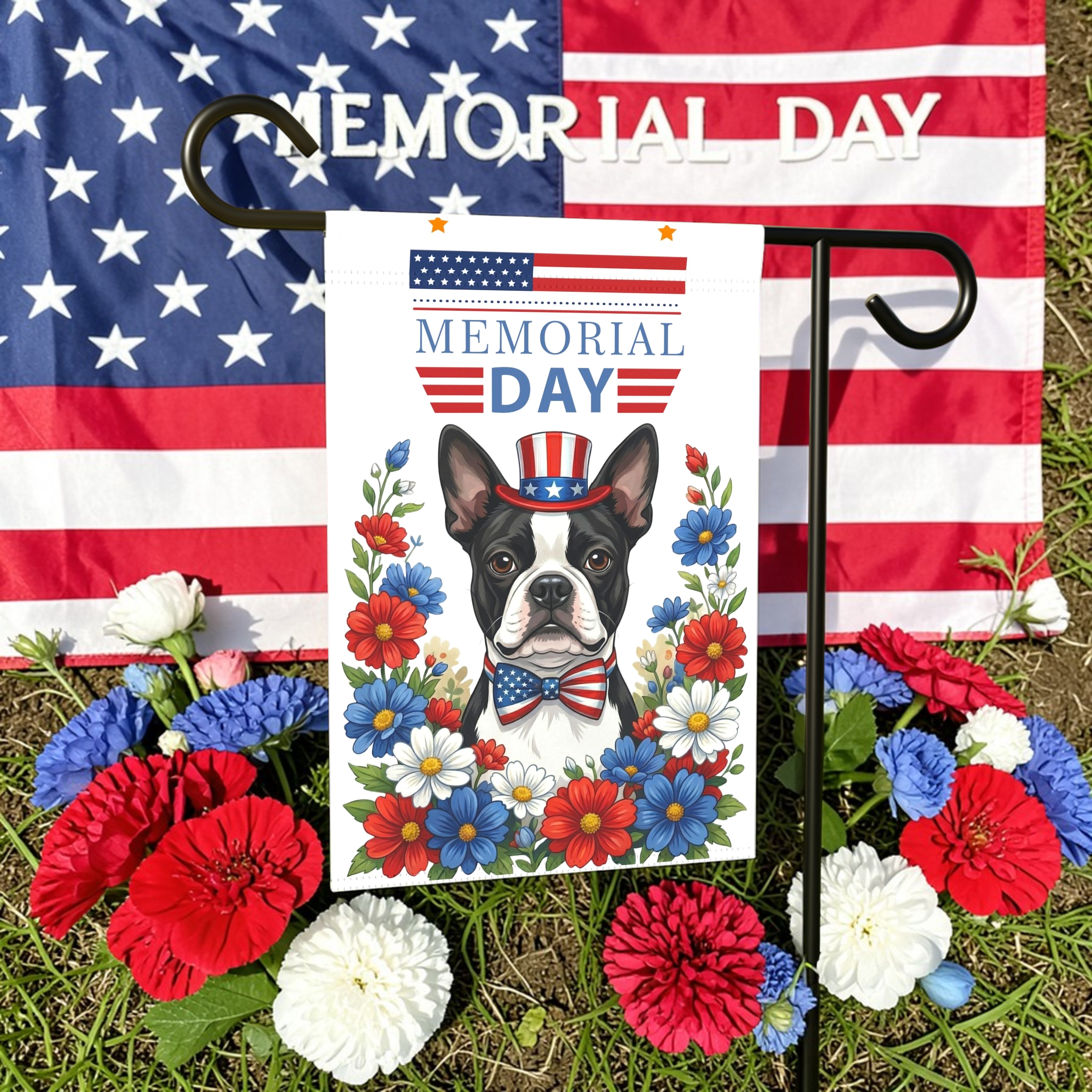 Memorial Black and White Boston Terrier Garden Flag - outdoor display - Dragonfire Gardens