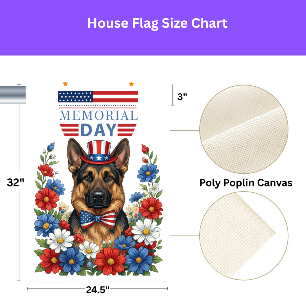 Memorial Day German Shepherd Garden Banner Garden Flag - size comparison - Dragonfire Gardens