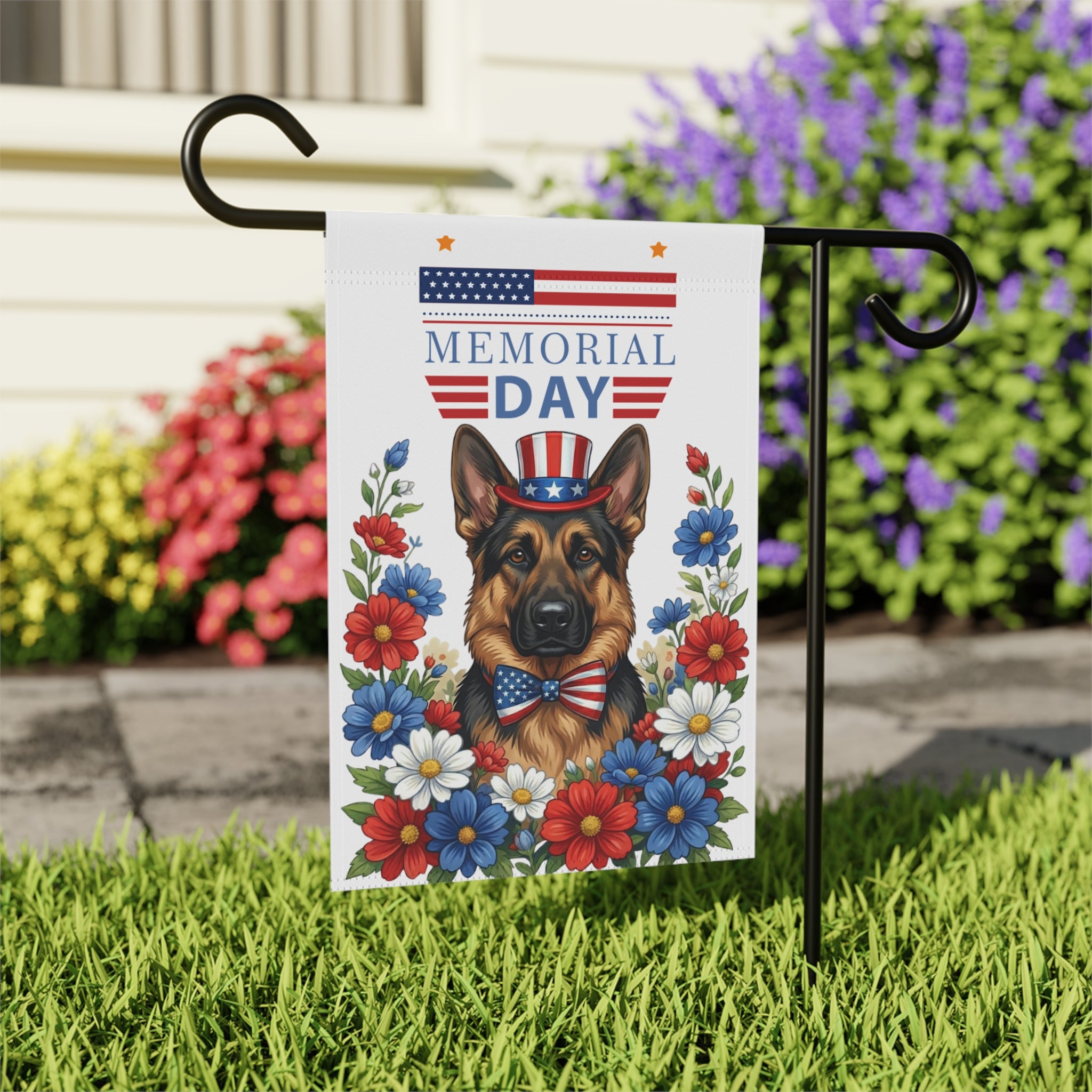 Memorial Day German Shepherd Garden Banner Garden Flag - close-up detail - Dragonfire Gardens