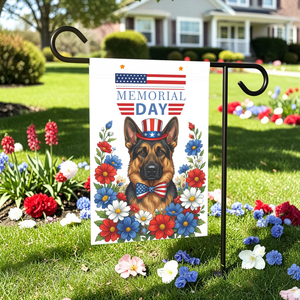 Memorial Day German Shepherd Garden Banner Garden Flag - lifestyle display - Dragonfire Gardens