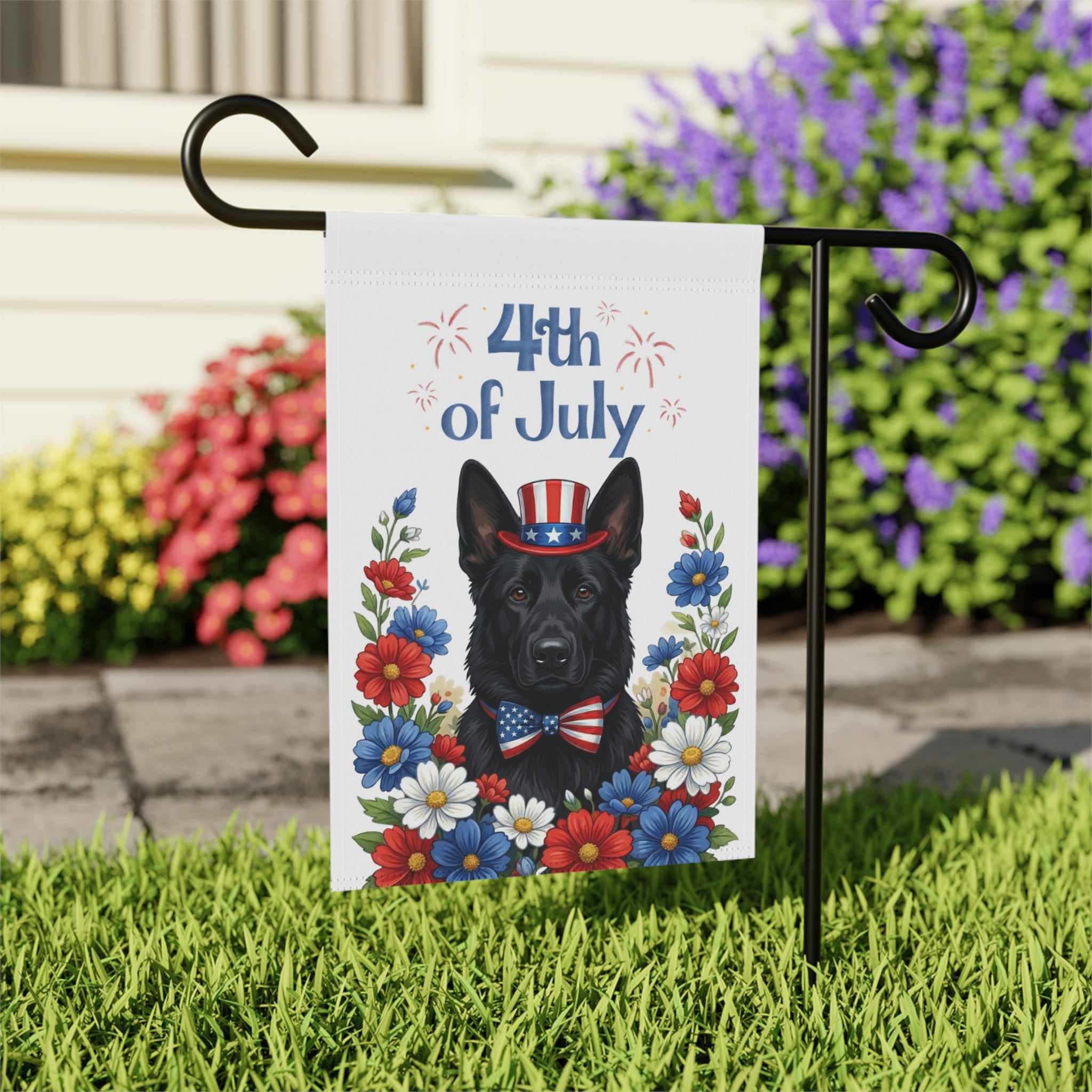 4th of July Black German Shepherd Garden Flag - close-up detail - Dragonfire Gardens