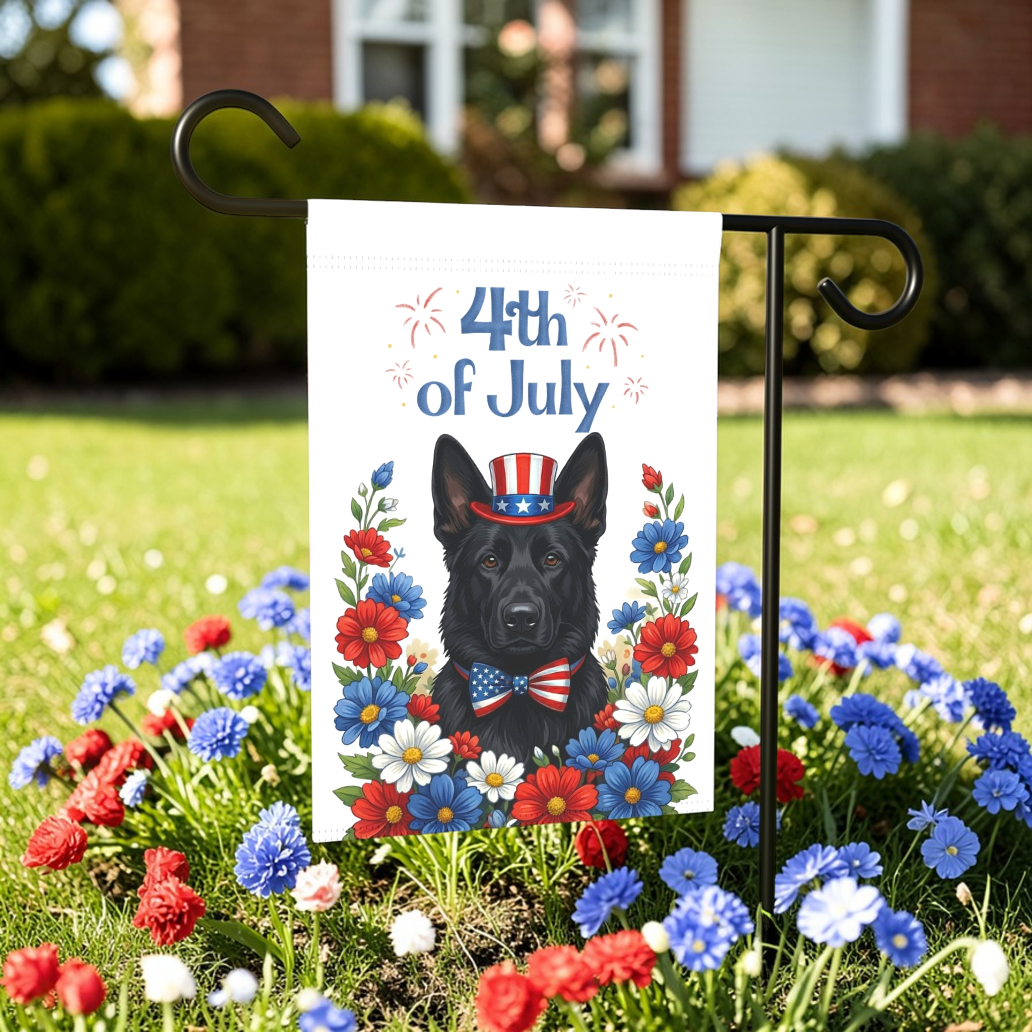 4th of July Black German Shepherd Garden Flag - front view - Dragonfire Gardens