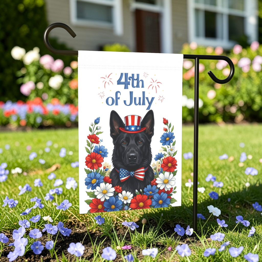 4th of July Black German Shepherd Garden Flag - outdoor display - Dragonfire Gardens