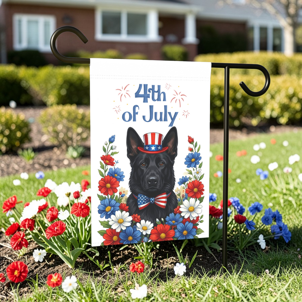 4th of July Black German Shepherd Garden Flag - lifestyle display - Dragonfire Gardens