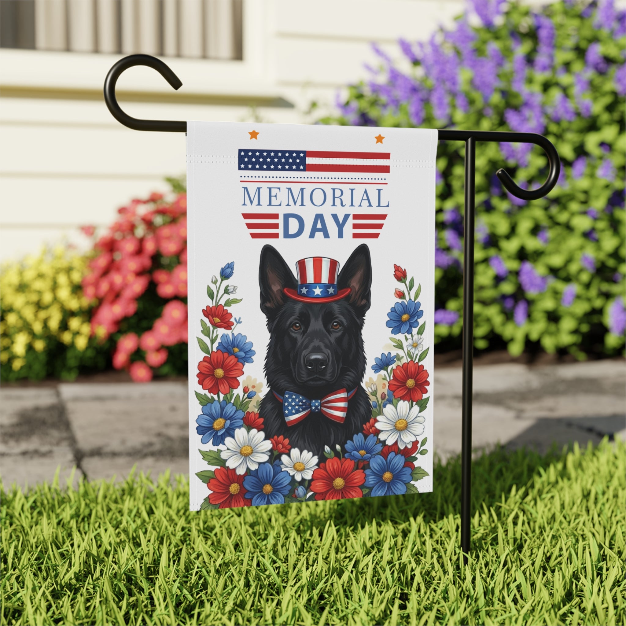 Memorial Day Black German Shepherd Garden Flag - close-up detail - Dragonfire Gardens
