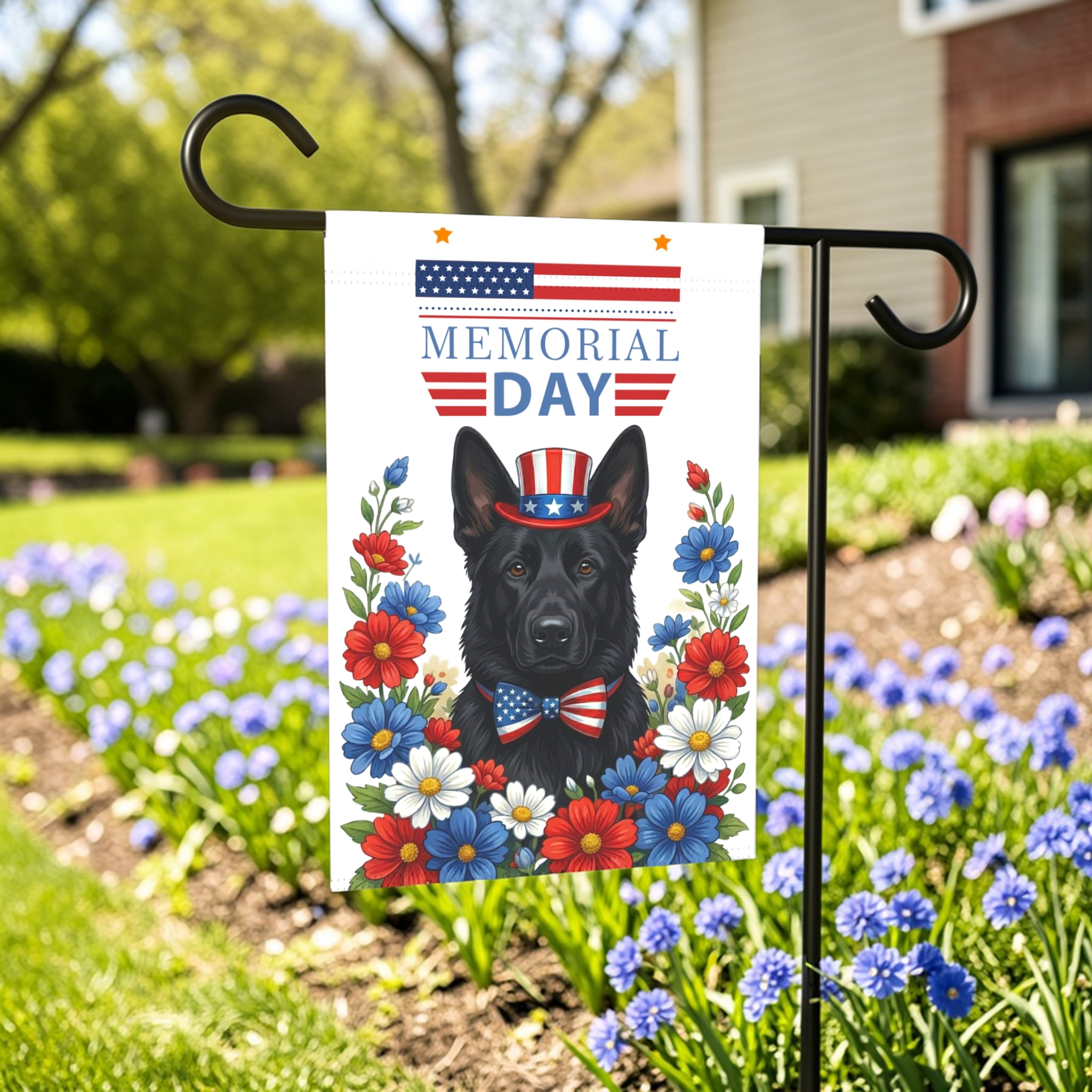 Memorial Day Black German Shepherd Garden Flag - outdoor display - Dragonfire Gardens