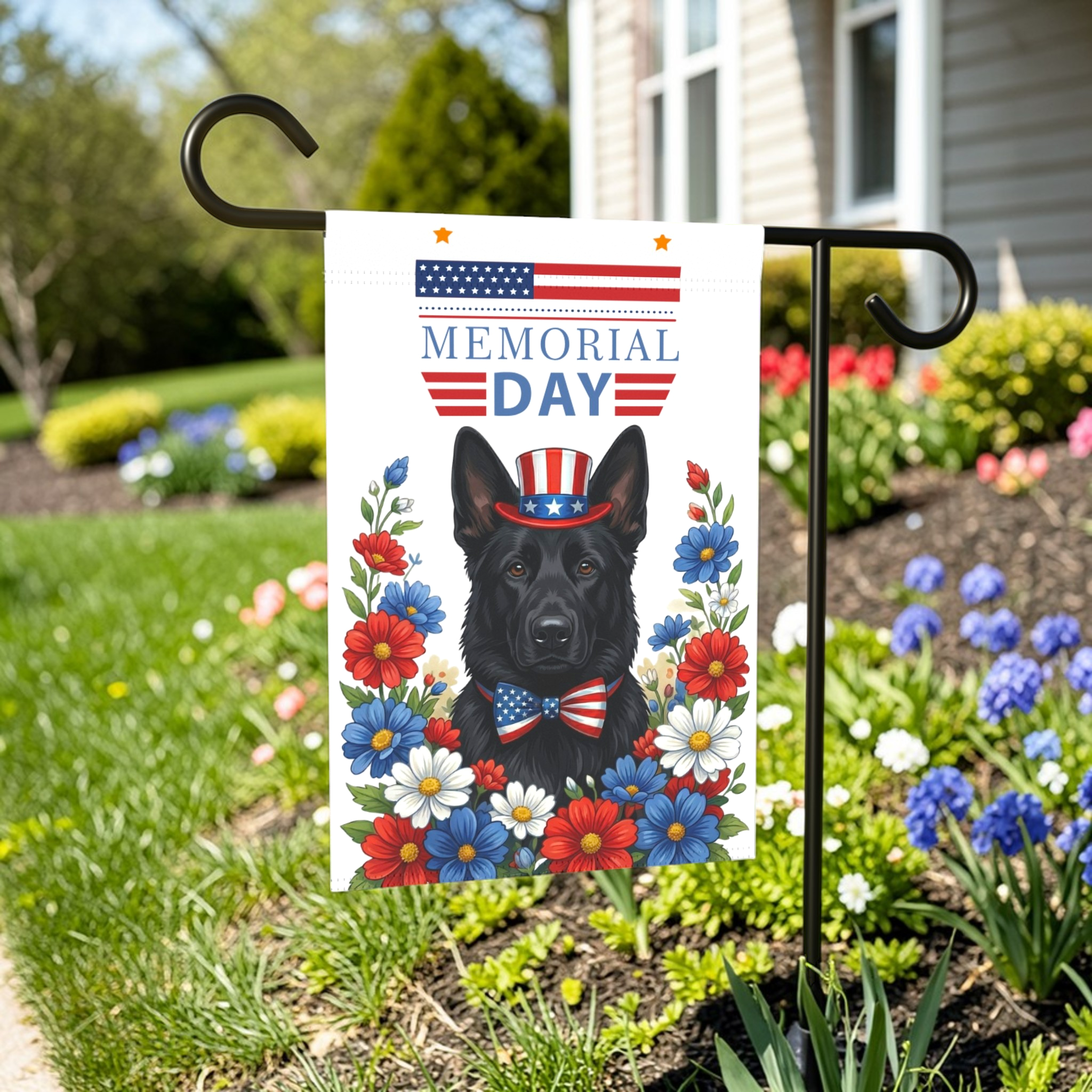 Memorial Day Black German Shepherd Garden Flag - lifestyle display - Dragonfire Gardens