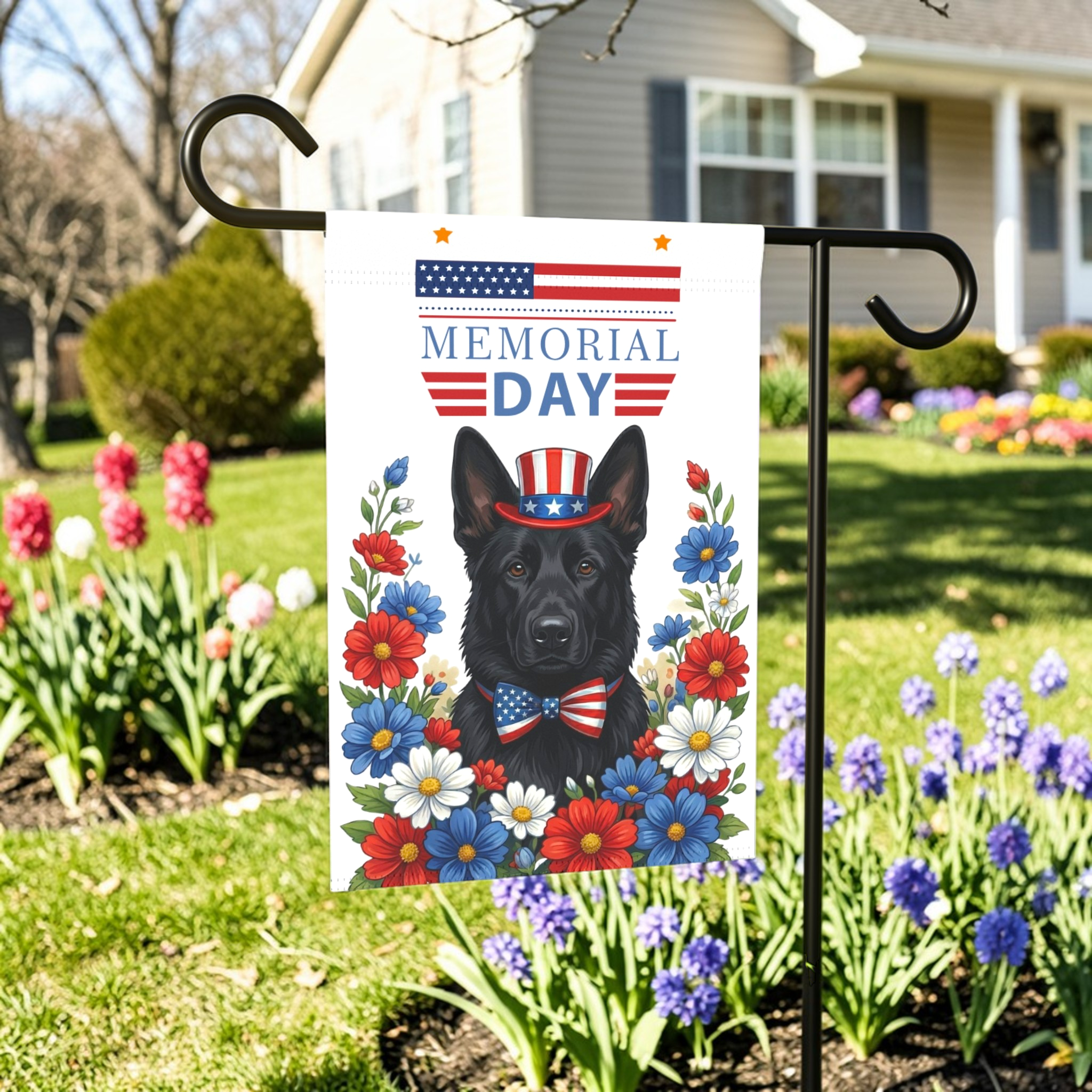 Memorial Day Black German Shepherd Garden Flag - front view - Dragonfire Gardens