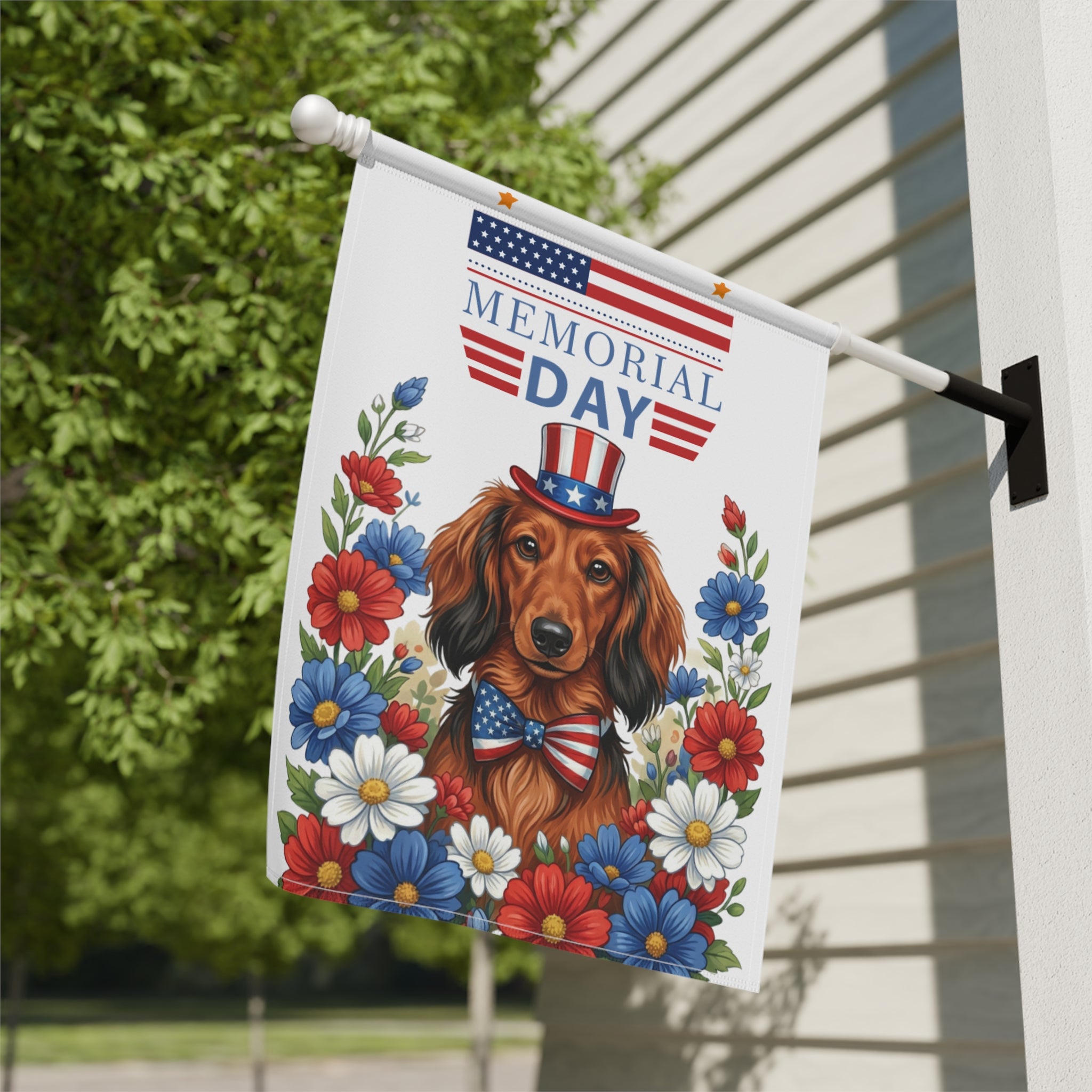 Memorial Day Long-Haired Dachshund Garden Flag - yard display - Dragonfire Gardens
