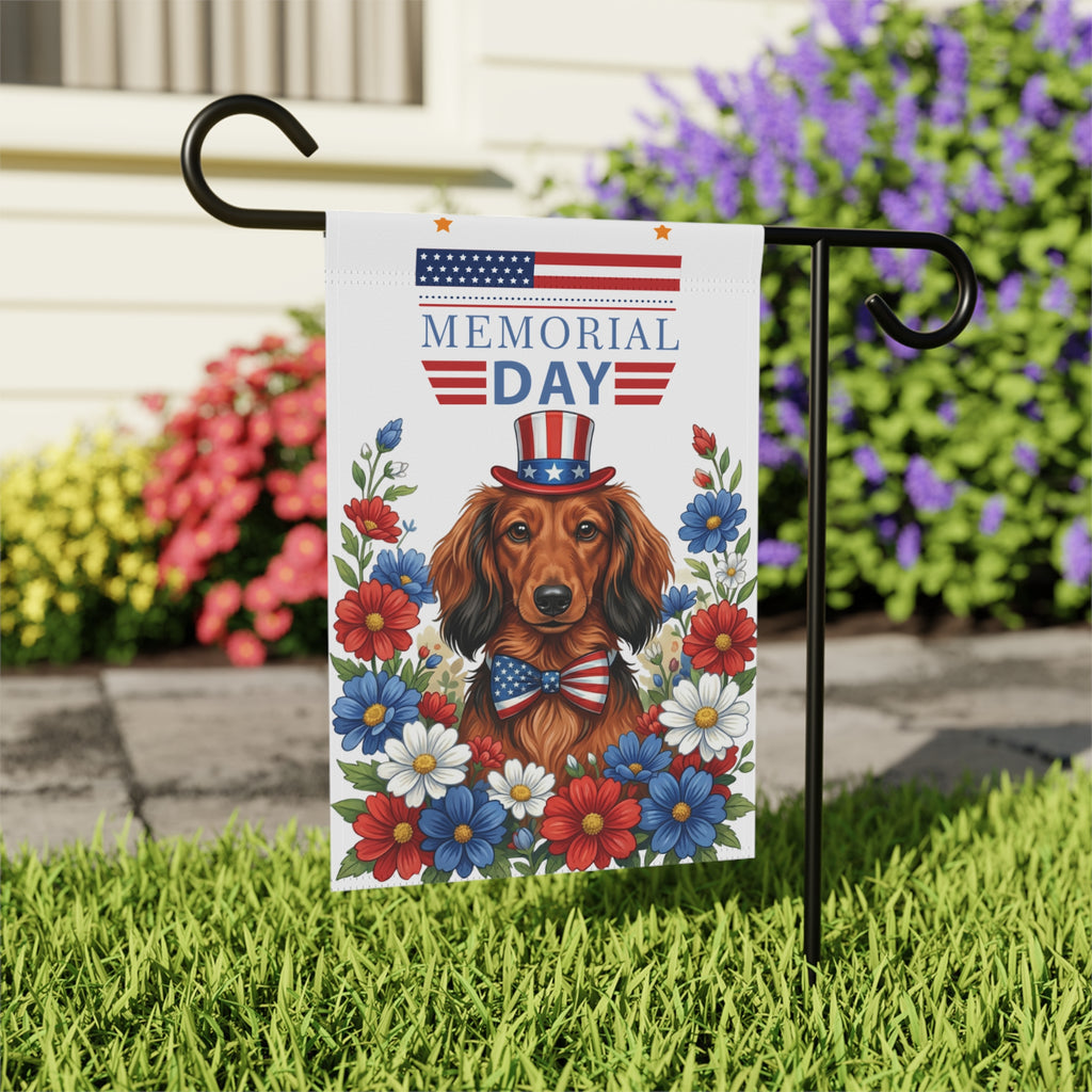 Memorial Day Long-Haired Dachshund Garden Flag - close-up detail - Dragonfire Gardens