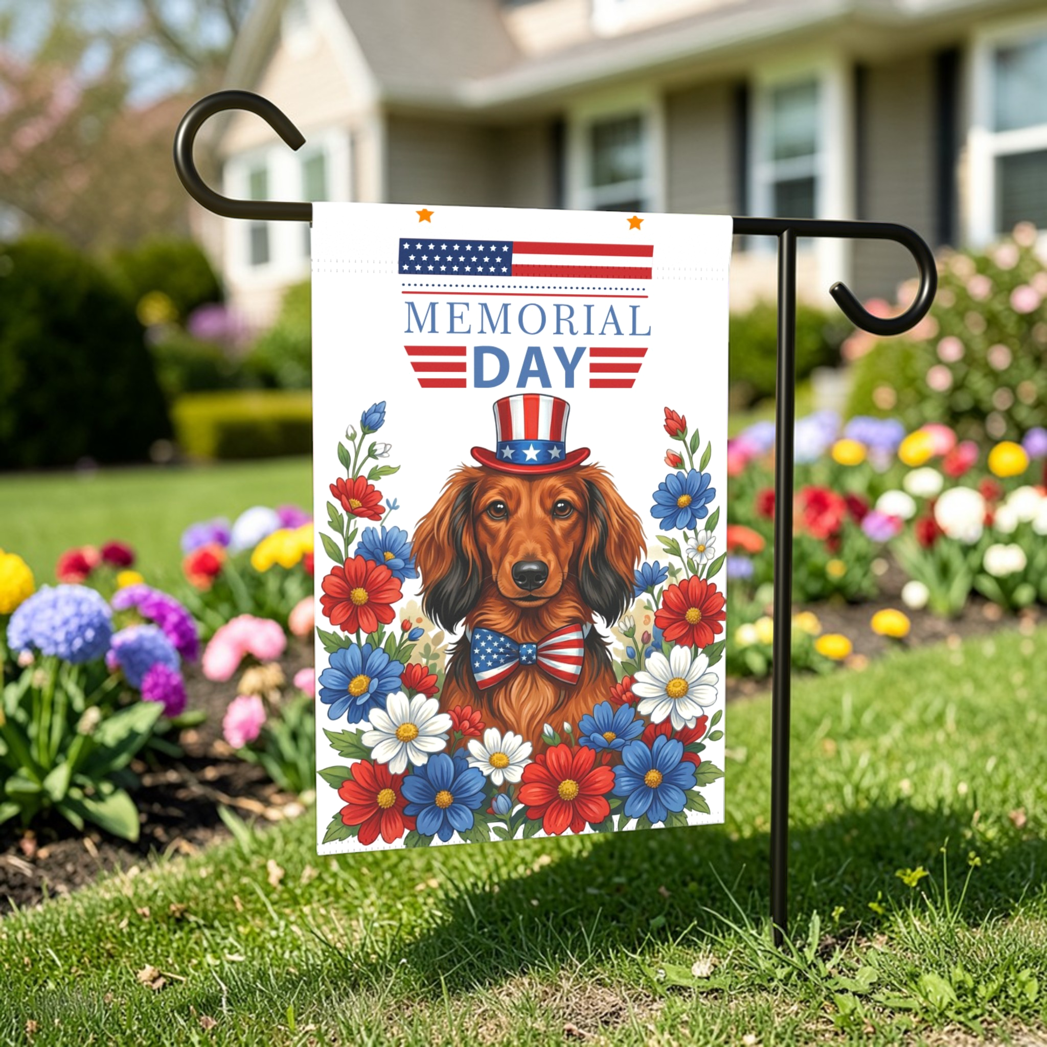 Memorial Day Long-Haired Dachshund Garden Flag - front view - Dragonfire Gardens