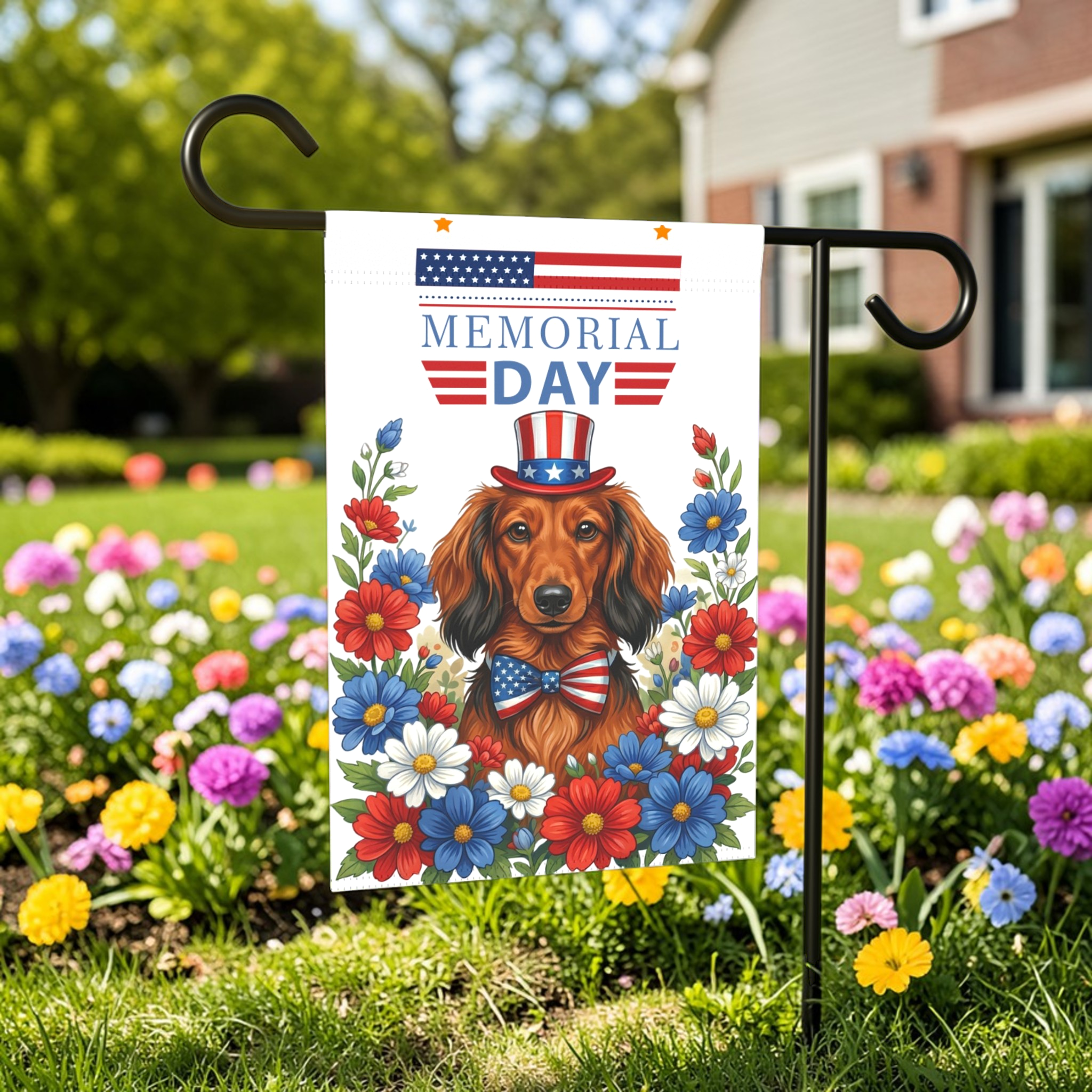 Memorial Day Long-Haired Dachshund Garden Flag - outdoor display - Dragonfire Gardens