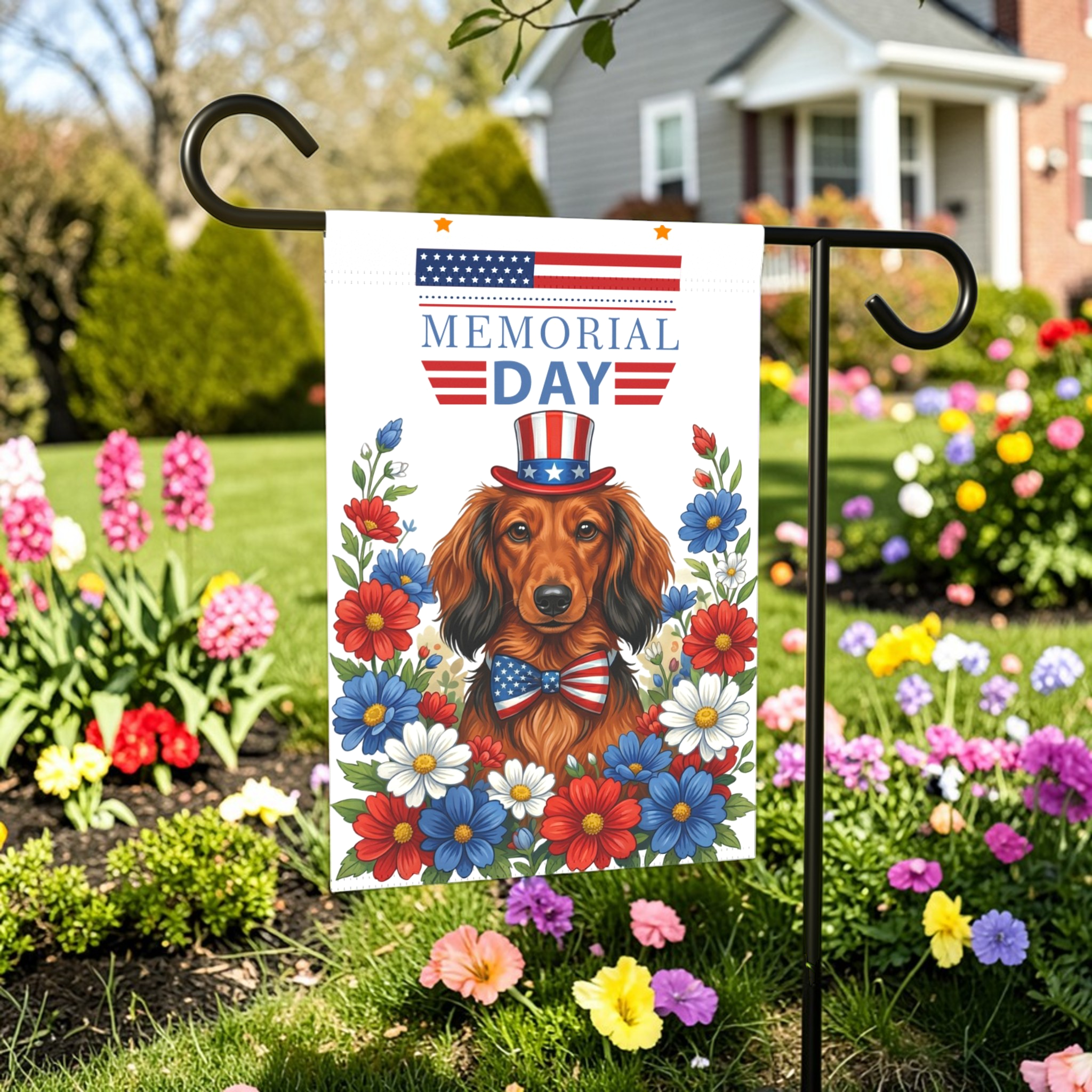 Memorial Day Long-Haired Dachshund Garden Flag - size comparison - Dragonfire Gardens