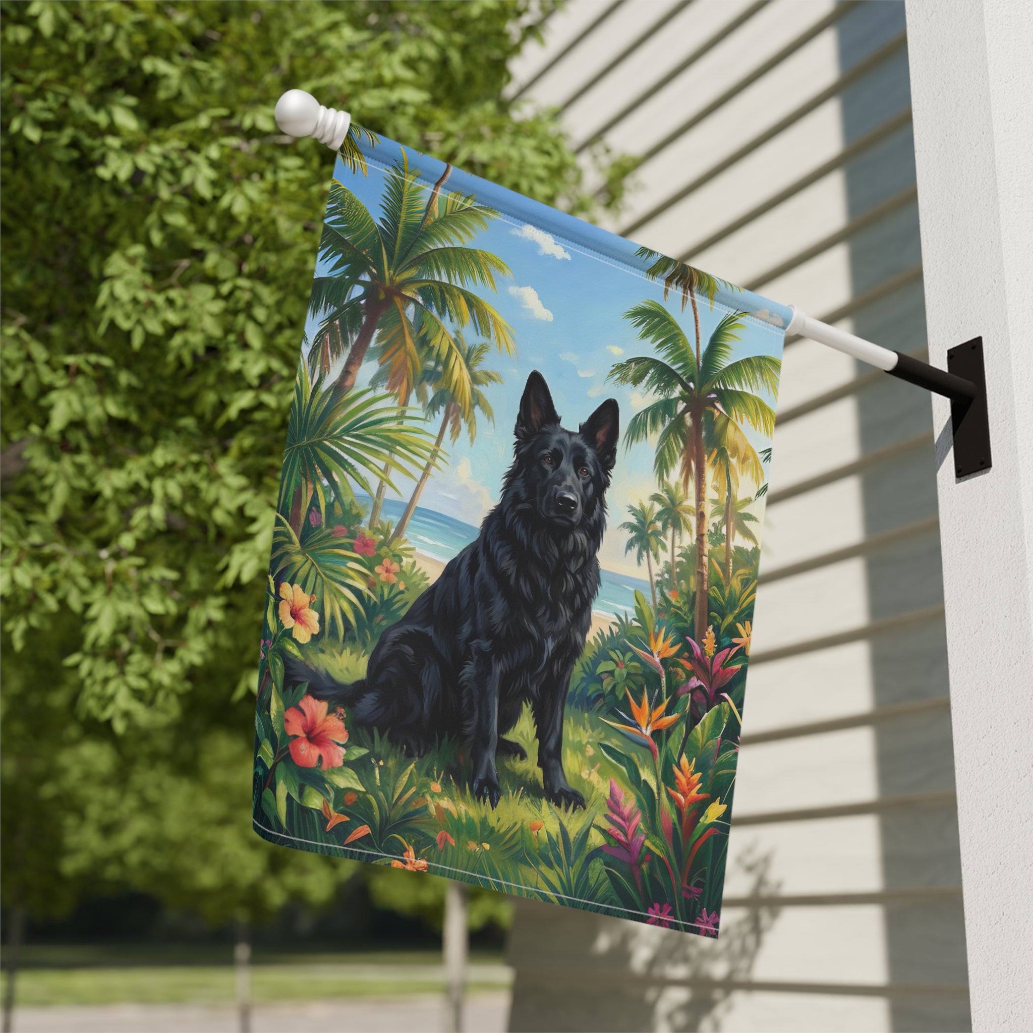 Palm Tree Summer Black German Shepherd Garden Flag - yard display - Dragonfire Gardens